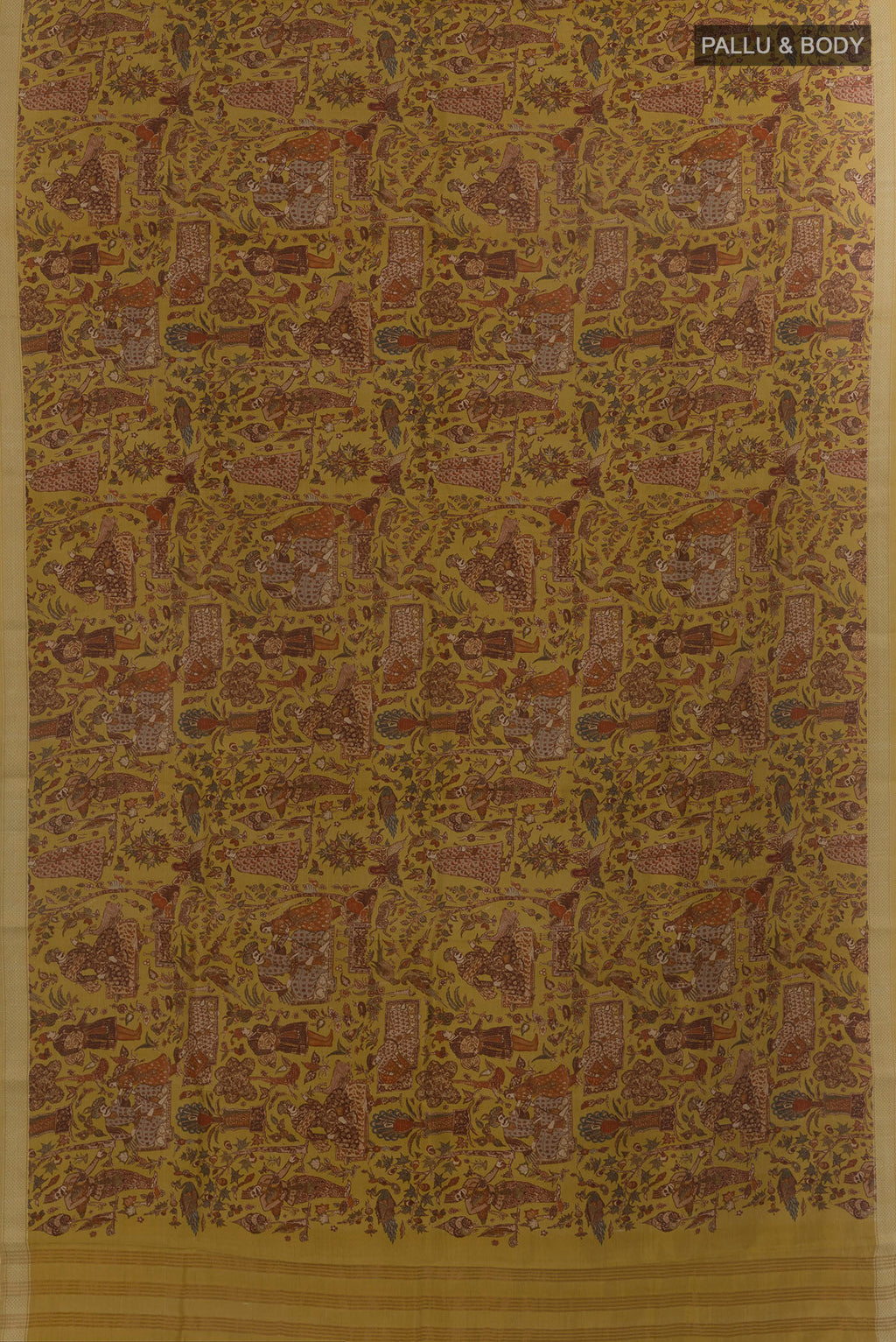 Flat view of Pure Silk Mustard Printed Saree with Printed design on the body and Zari Border. 
