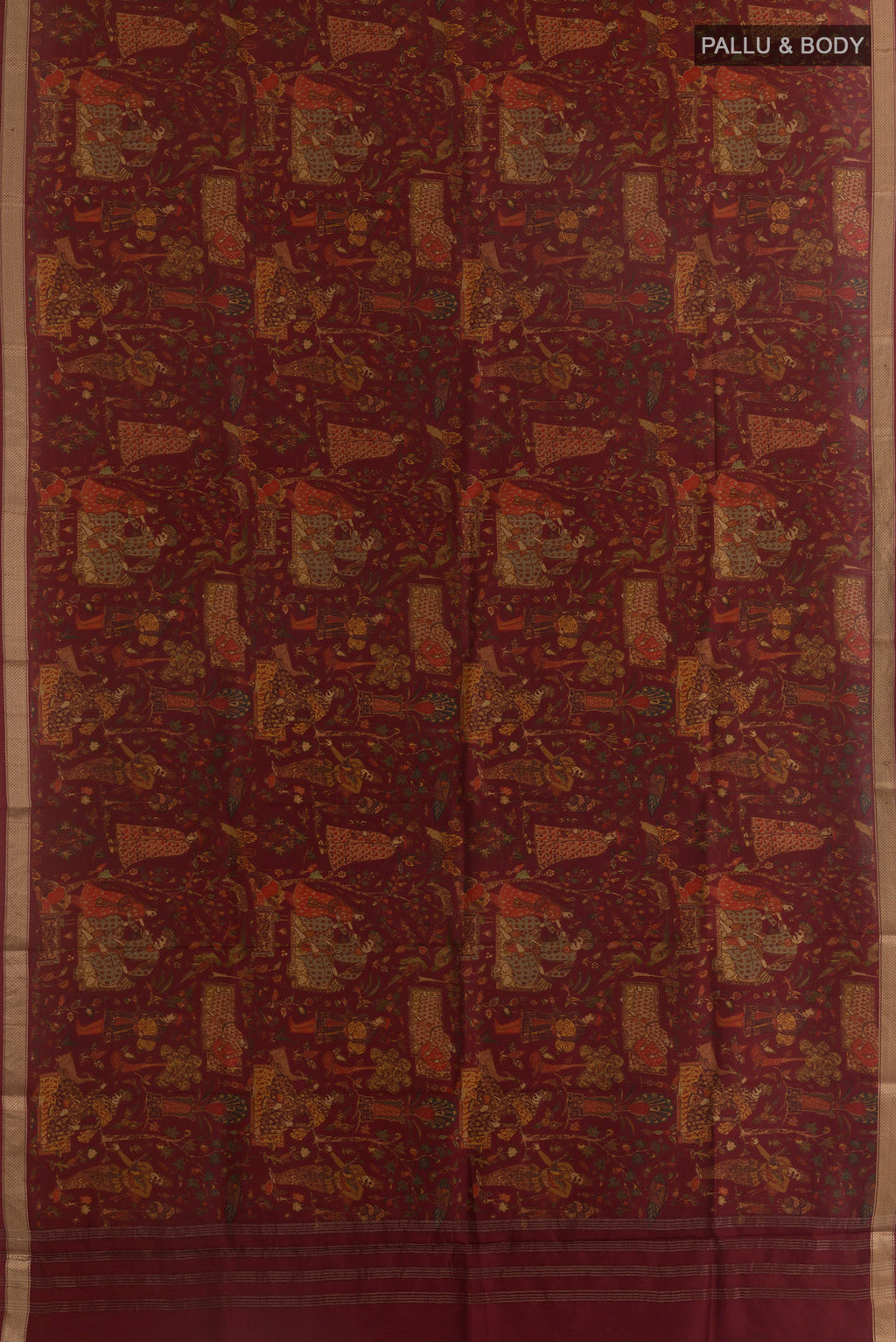 Flat view of Pure Silk Maroon Printed Saree with Printed design on the body and Zari Border. 