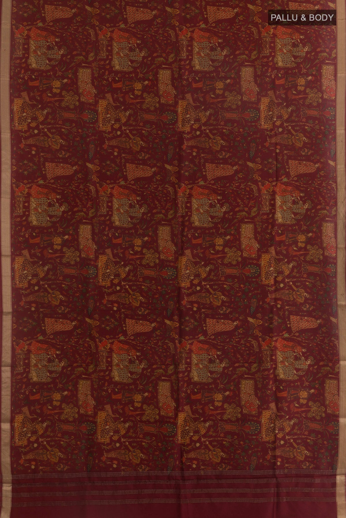 Flat view of Pure Silk Maroon Printed Saree with Printed design on the body and Zari Border. 