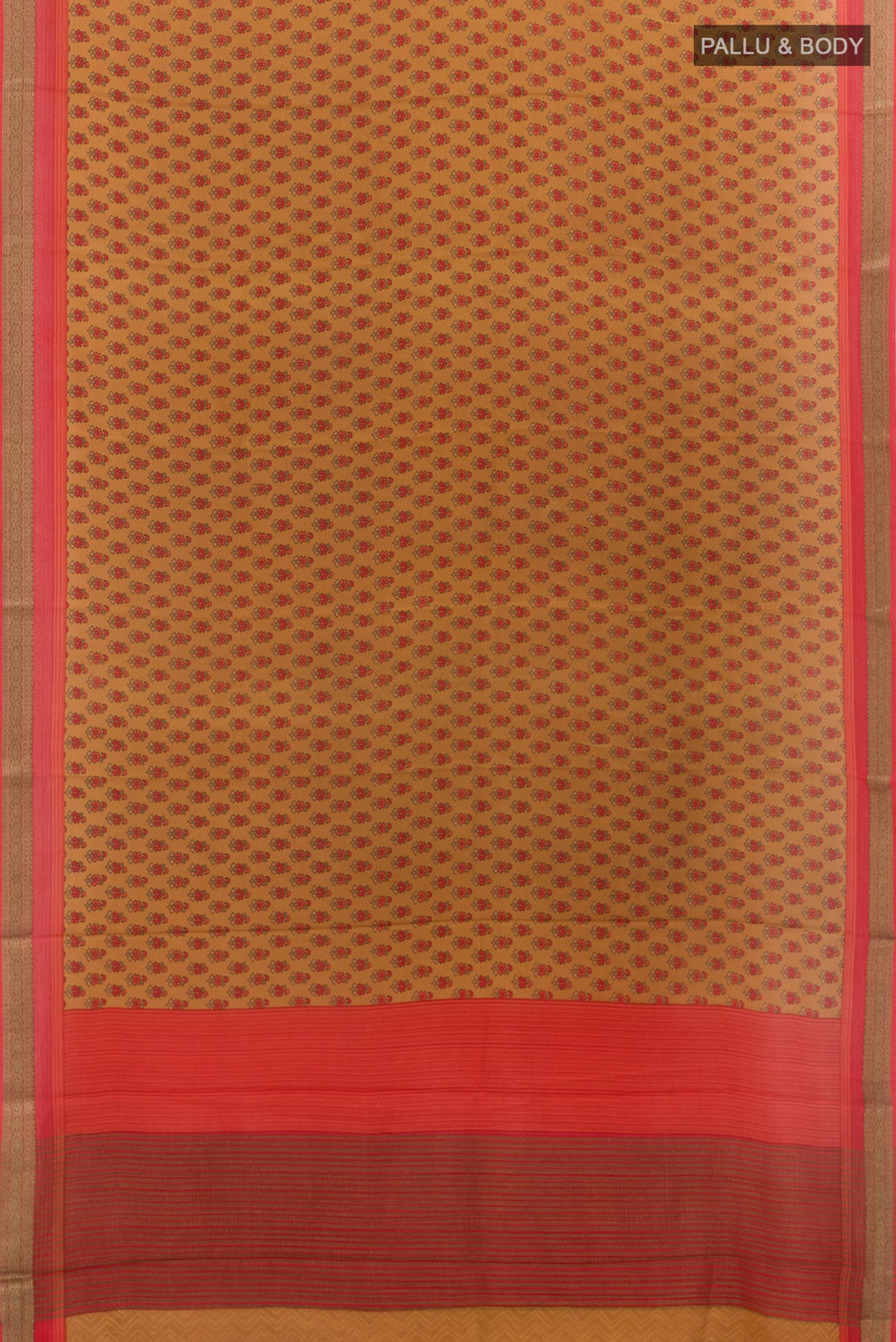 Flat view of Mustard Crepe Saree with Printed design on the body and Zari Border. 