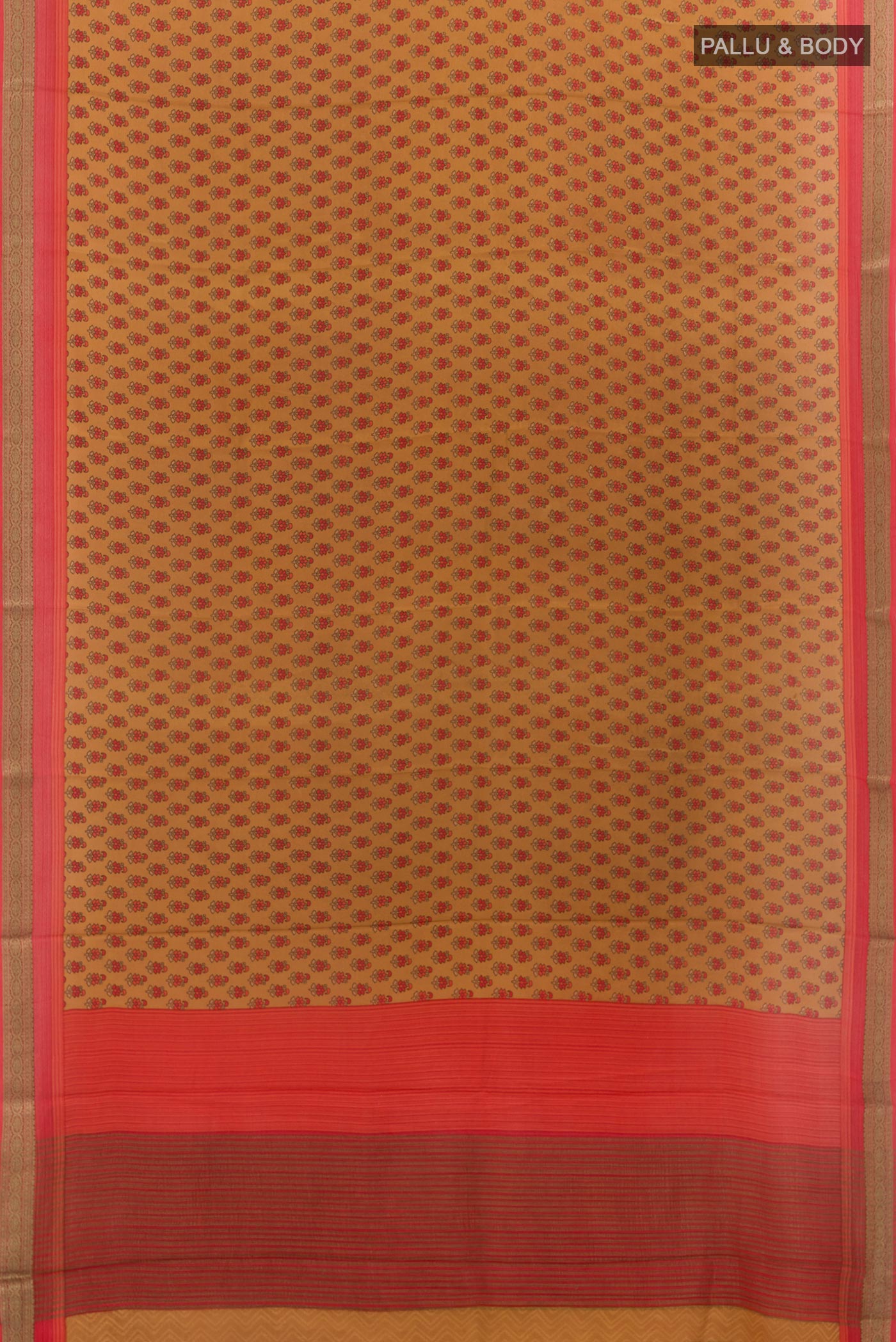 Flat view of Mustard Crepe Saree with Printed design on the body and Zari Border. 