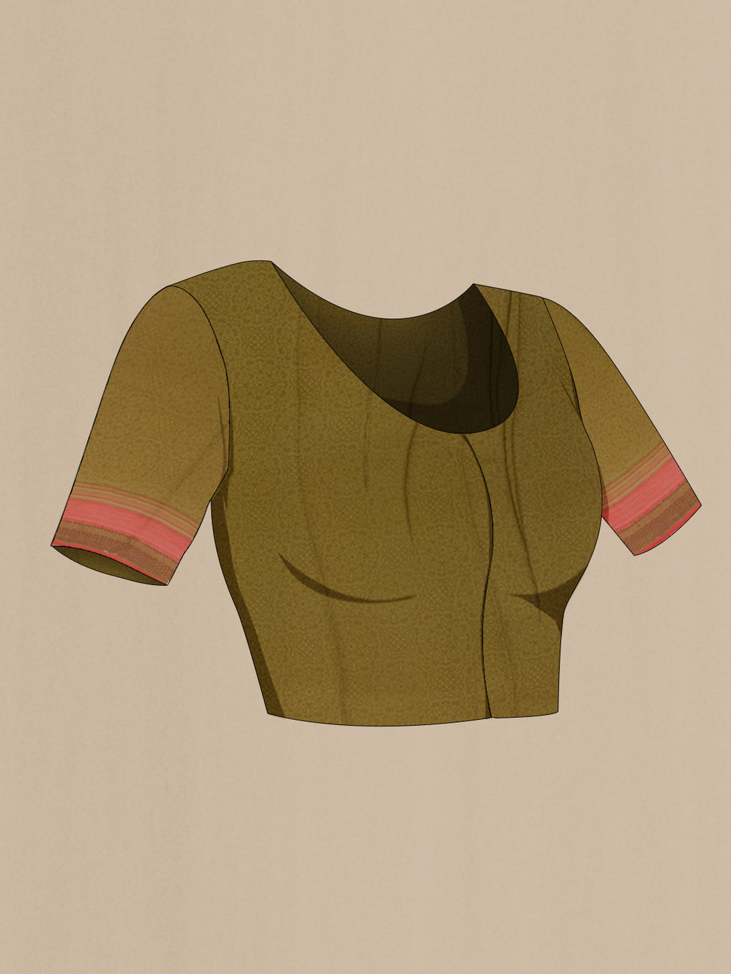 Close up image of the blouse of Brown Crepe Saree with Printed design on the body and Zari Border. 