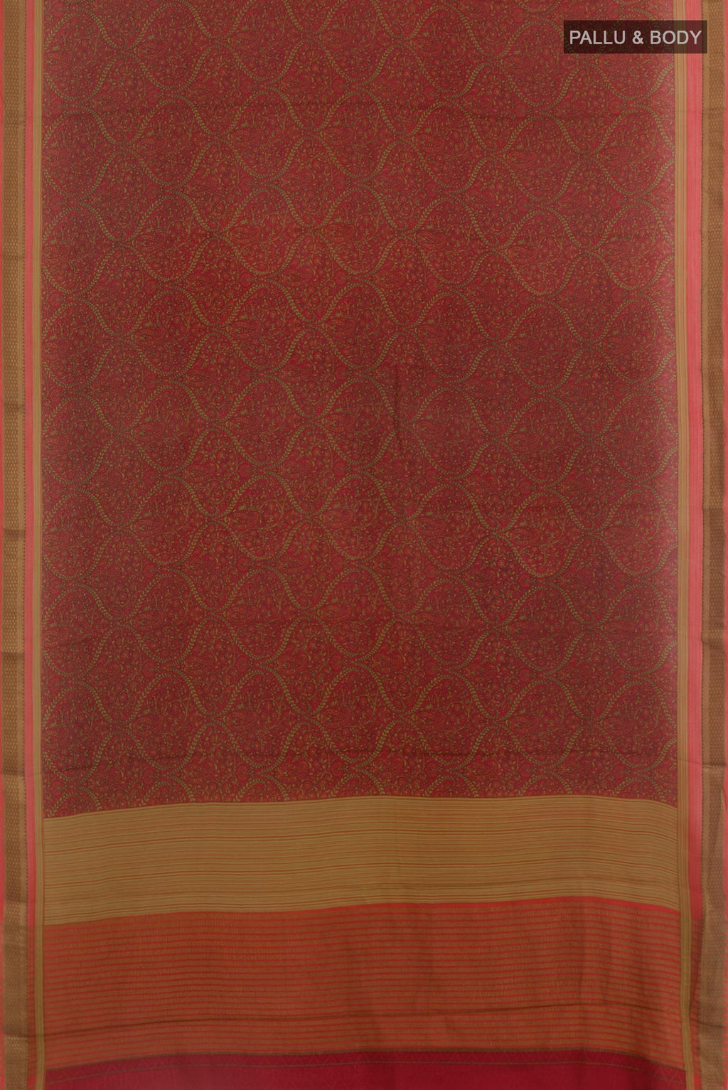 Flat view of Brown Crepe Saree with Printed design on the body and Zari Border. 