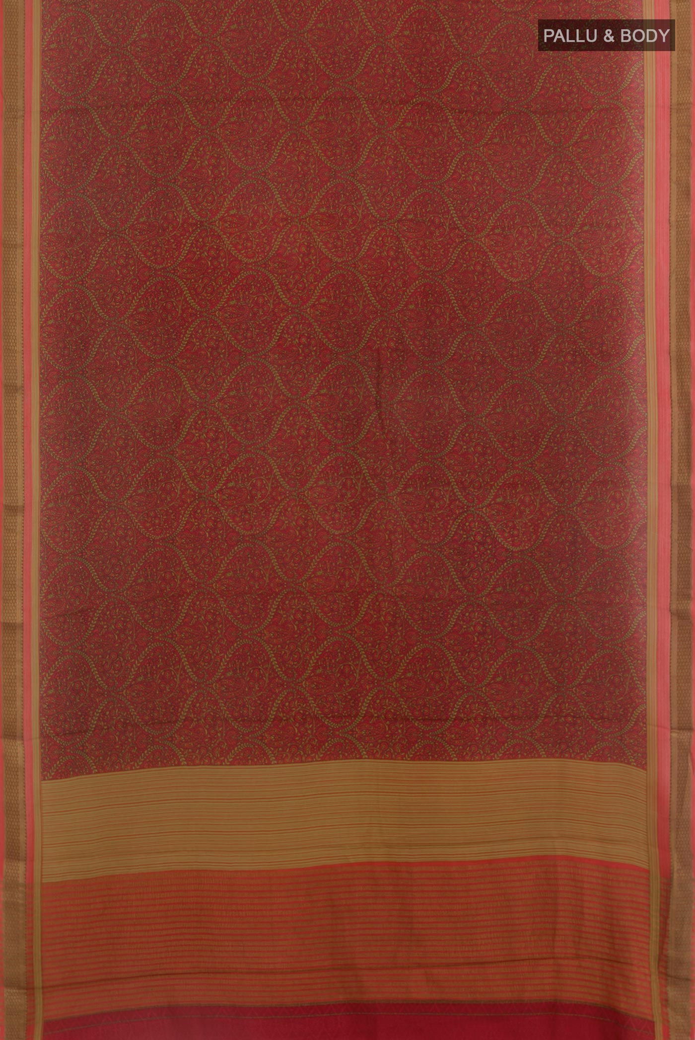 Flat view of Brown Crepe Saree with Printed design on the body and Zari Border. 