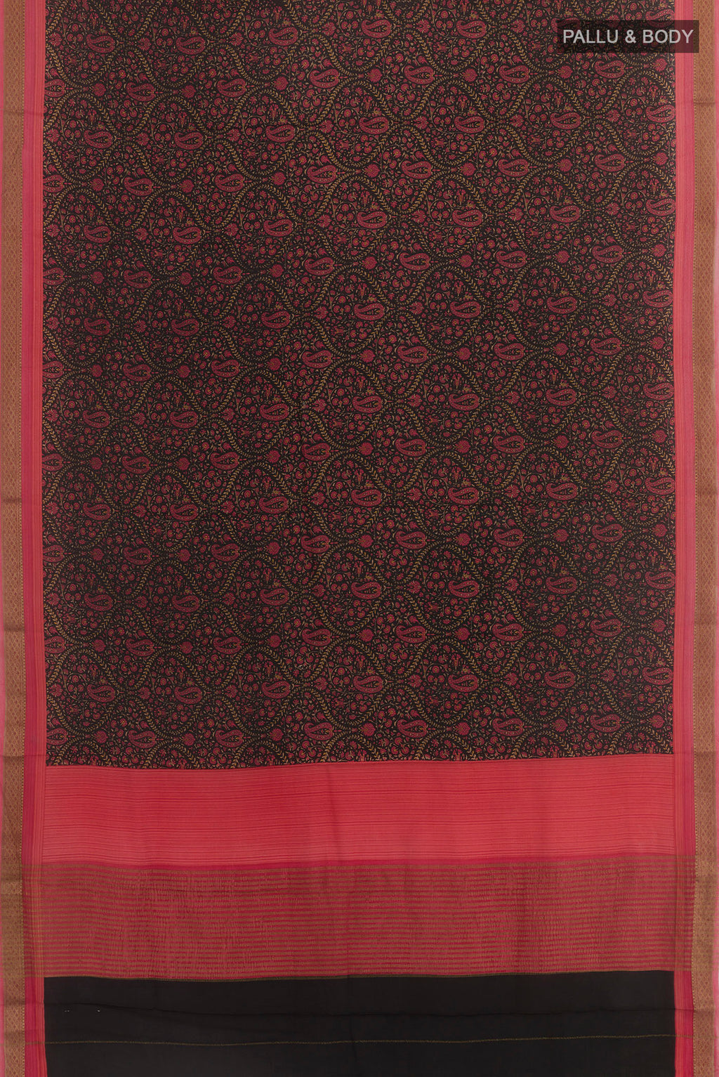Flat view of Black Crepe Saree with Printed design on the body and Zari Border. 