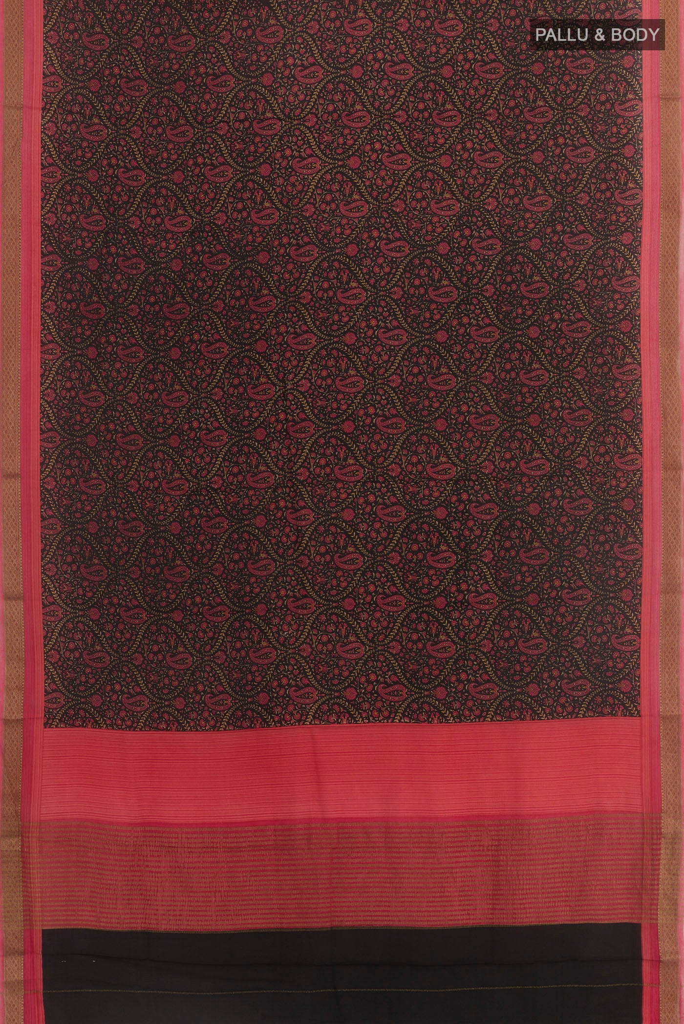 Flat view of Black Crepe Saree with Printed design on the body and Zari Border. 