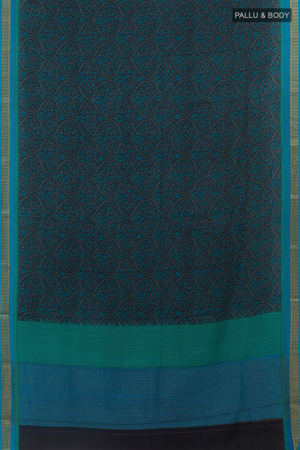 Flat view of Navy Blue Crepe Saree with Printed design on the body and Zari Border. 