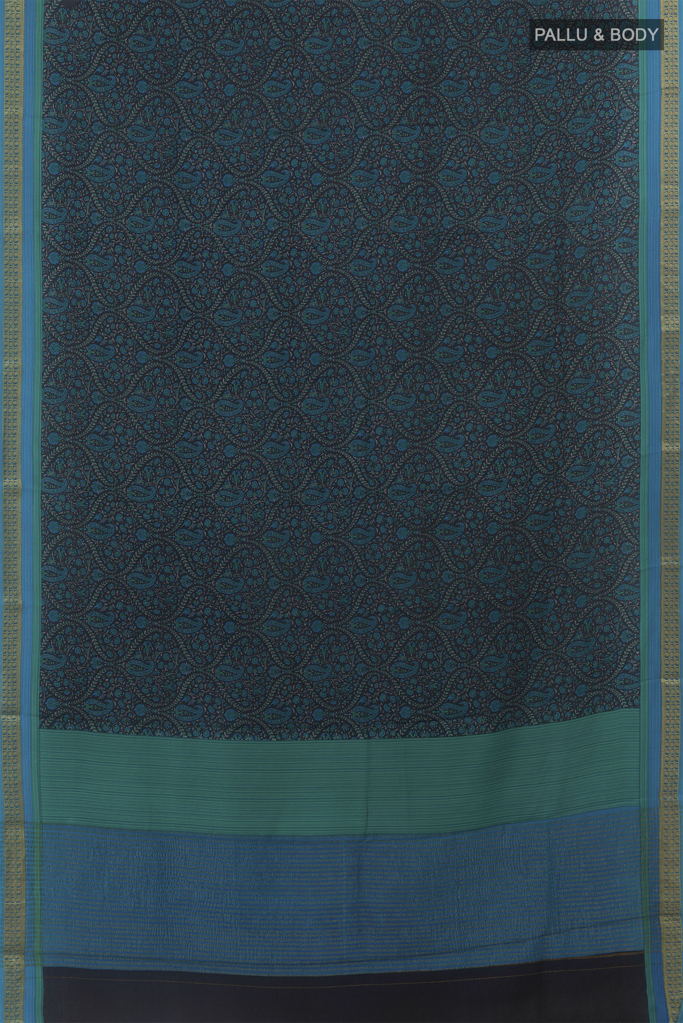 Flat view of Navy Blue Crepe Saree with Printed design on the body and Zari Border. 