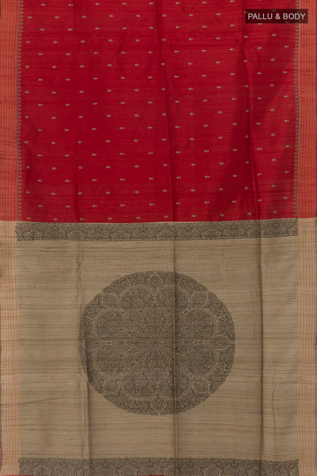 Flat view of Red Tussar Silk Saree with Embroidery on the body and Embroidery Border. 