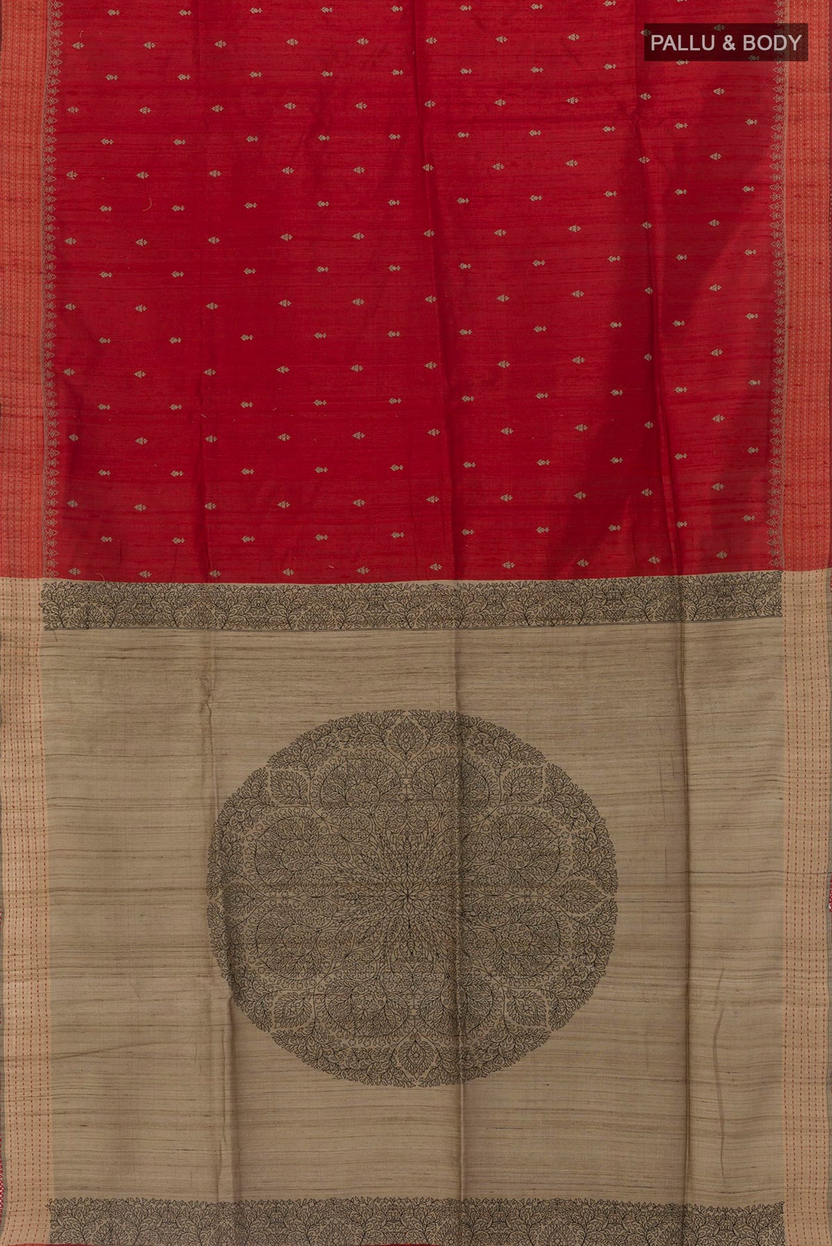 Flat view of Red Tussar Silk Saree with Embroidery on the body and Embroidery Border. 