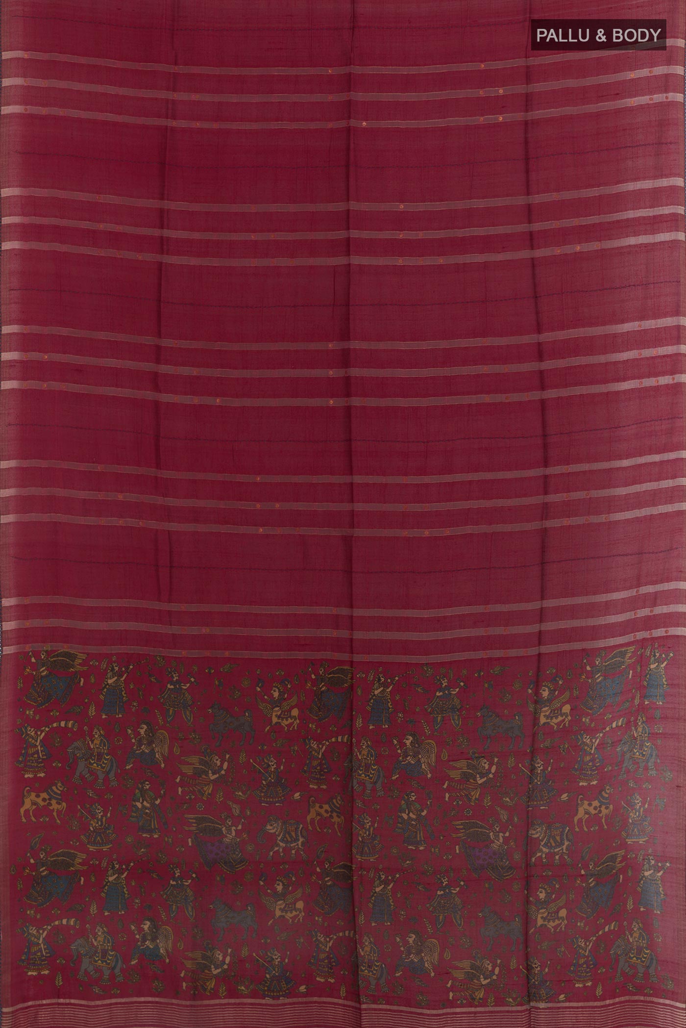 Flat view of Maroon Tussar Silk Saree with Stripes on the body and Zari Border. 