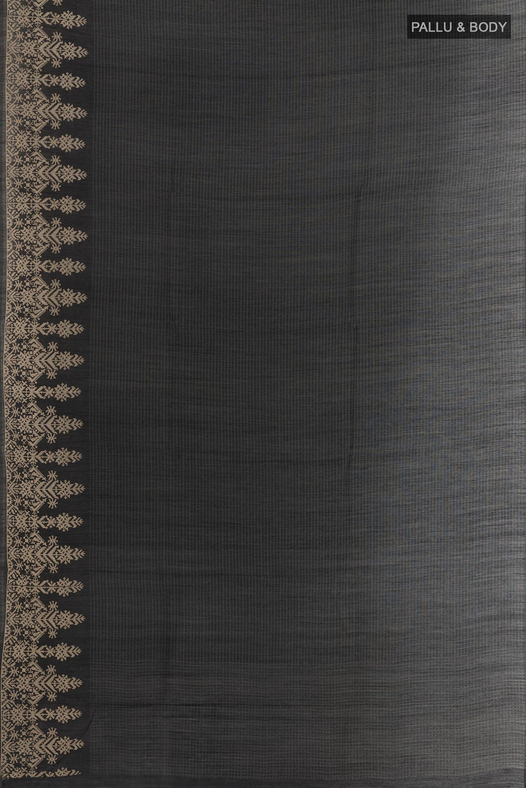 Flat view of Black Tussar Silk Saree with Printed design on the body and Embroidery Border. 