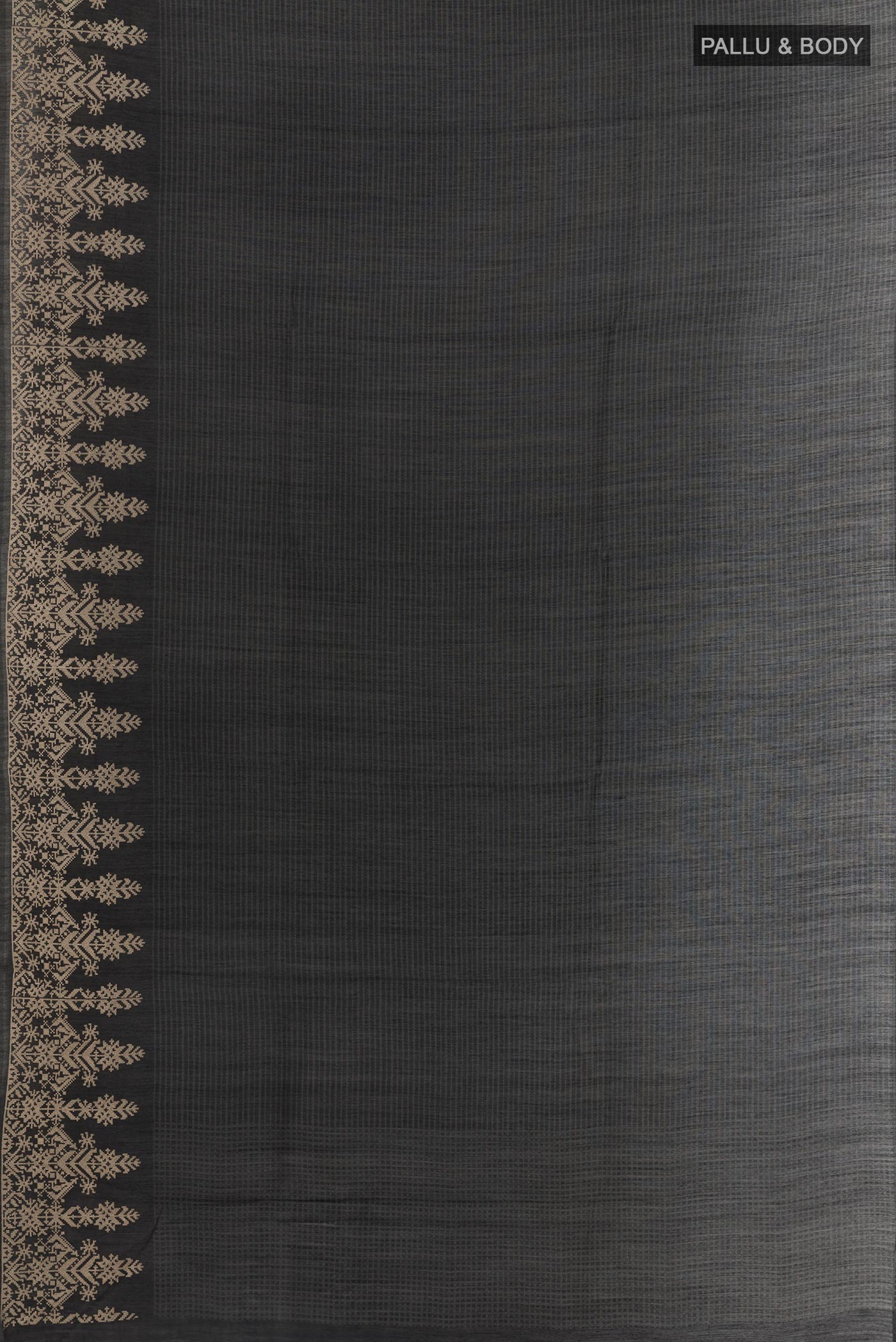 Flat view of Black Tussar Silk Saree with Printed design on the body and Embroidery Border. 