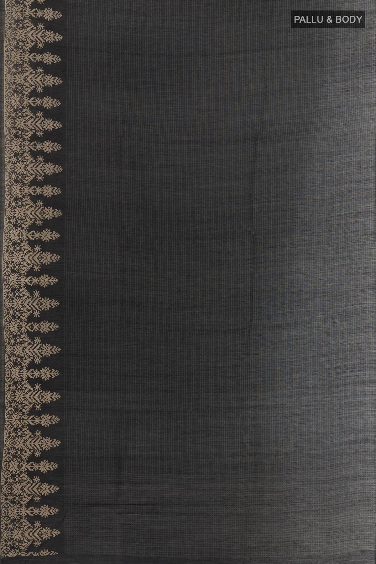 Flat view of Black Tussar Silk Saree with Printed design on the body and Embroidery Border. 