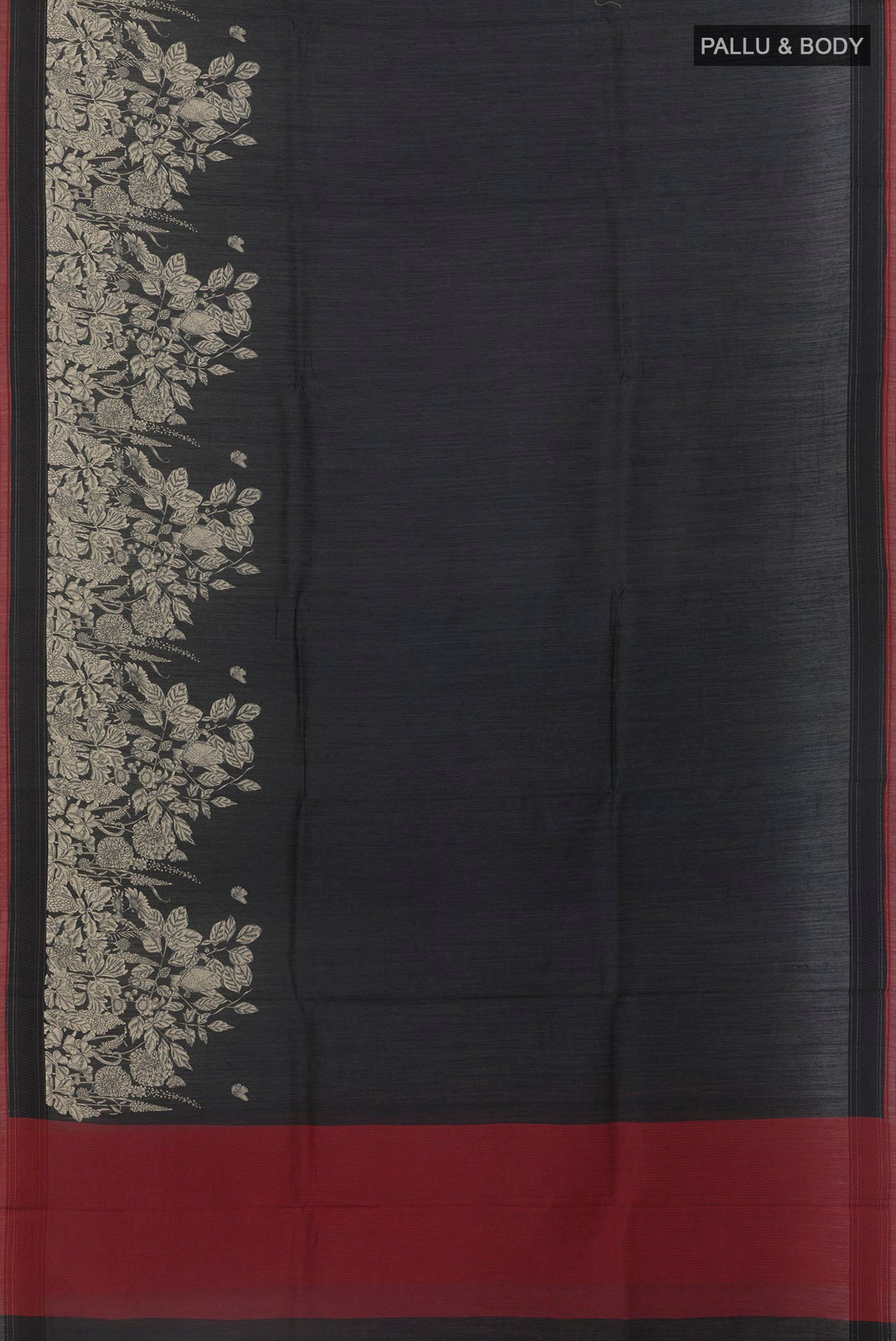 Flat view of Black Tussar Silk Saree with Plain Body and Embroidery Border. 