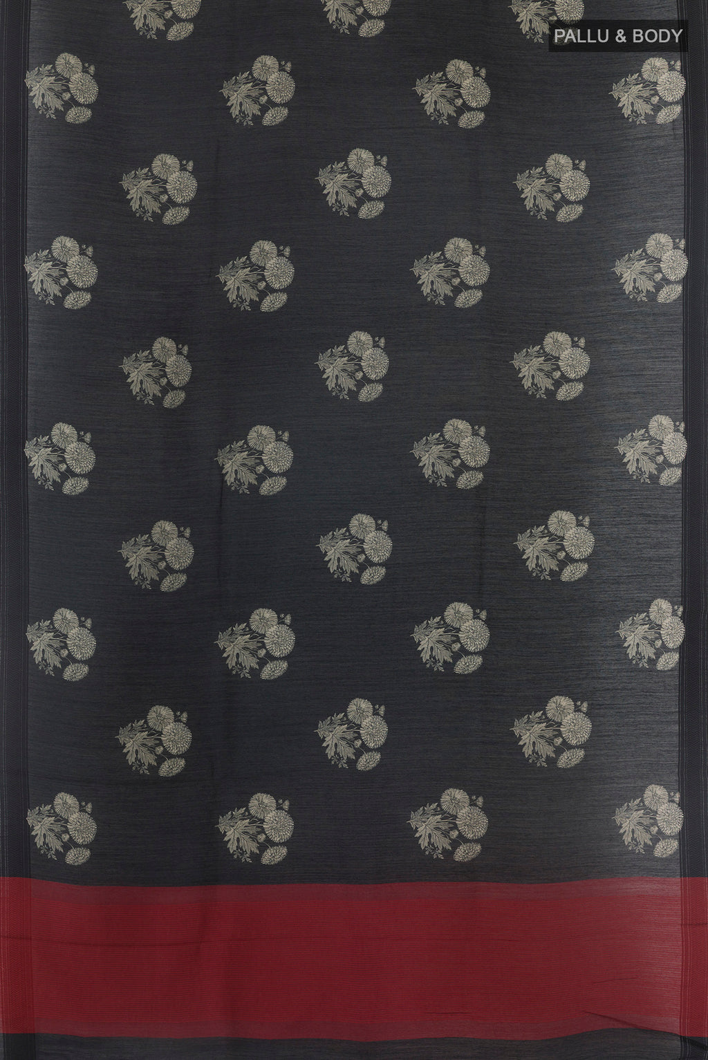 Flat view of Black Tussar Silk Saree with Printed design on the body and Without Border. 