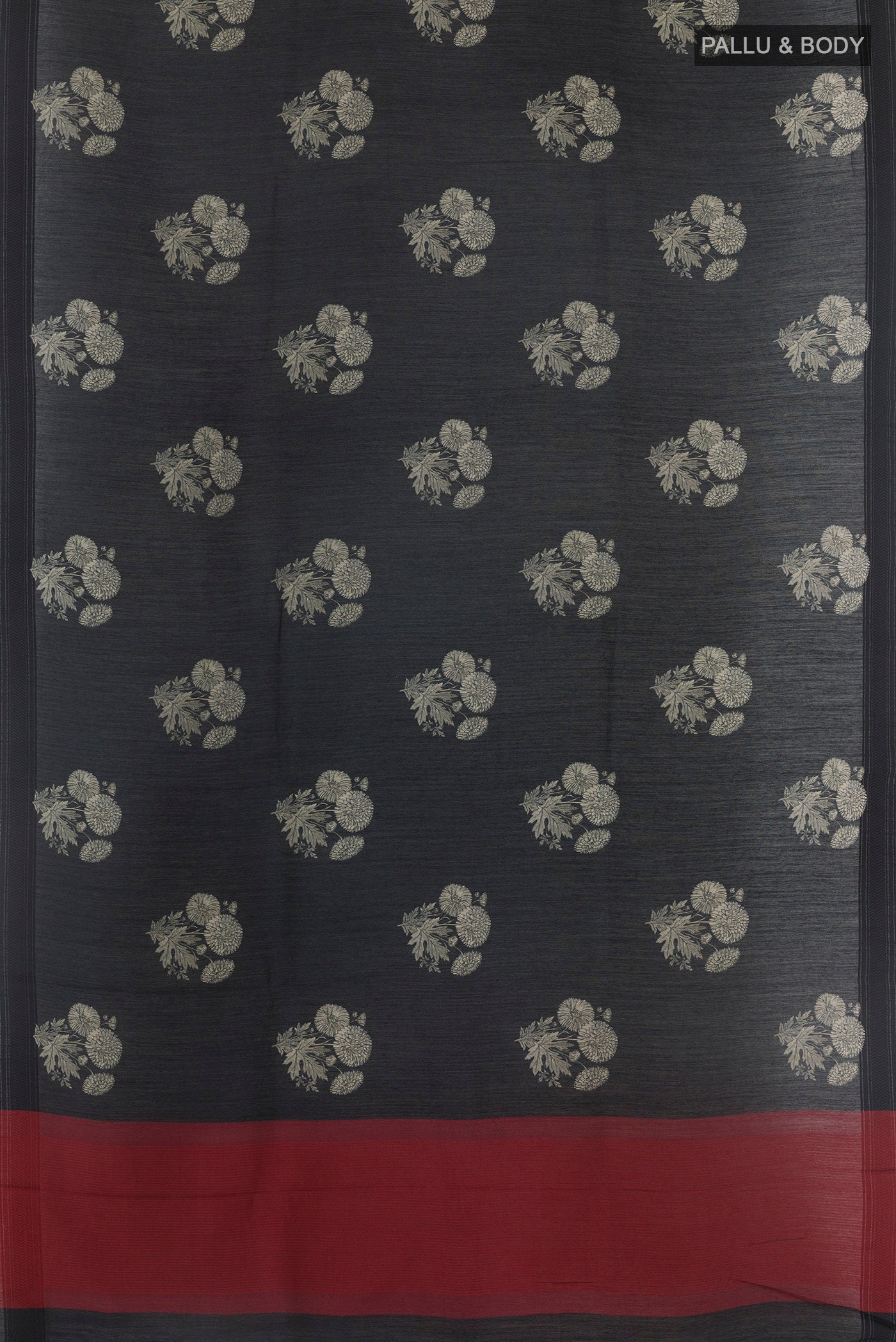 Flat view of Black Tussar Silk Saree with Printed design on the body and Without Border. 