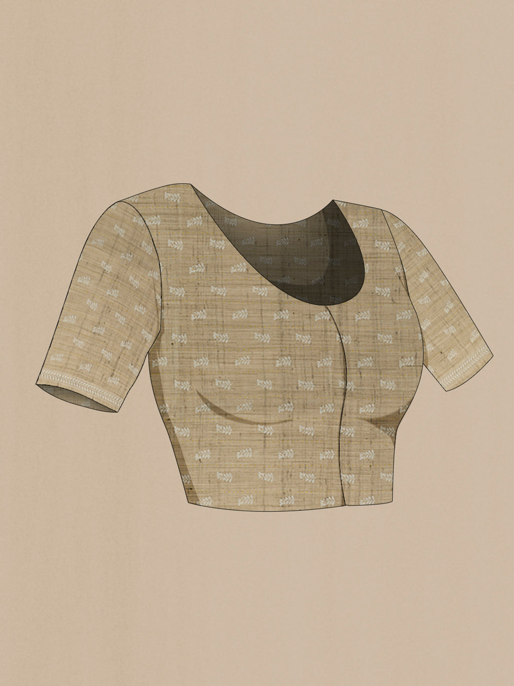 Close up image of the blouse of Beige Tussar Silk Saree with Printed design on the body and Embroidery Border. 