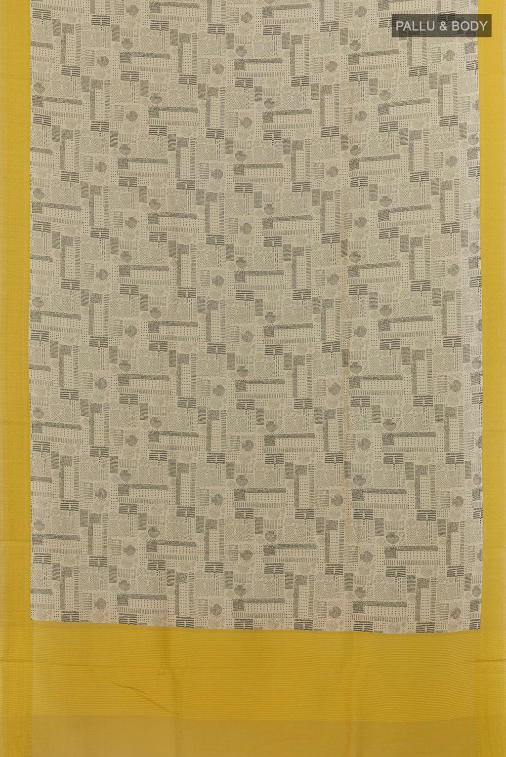 Flat view of Beige Tussar Silk Saree with Printed design on the body and Embroidery Border. 
