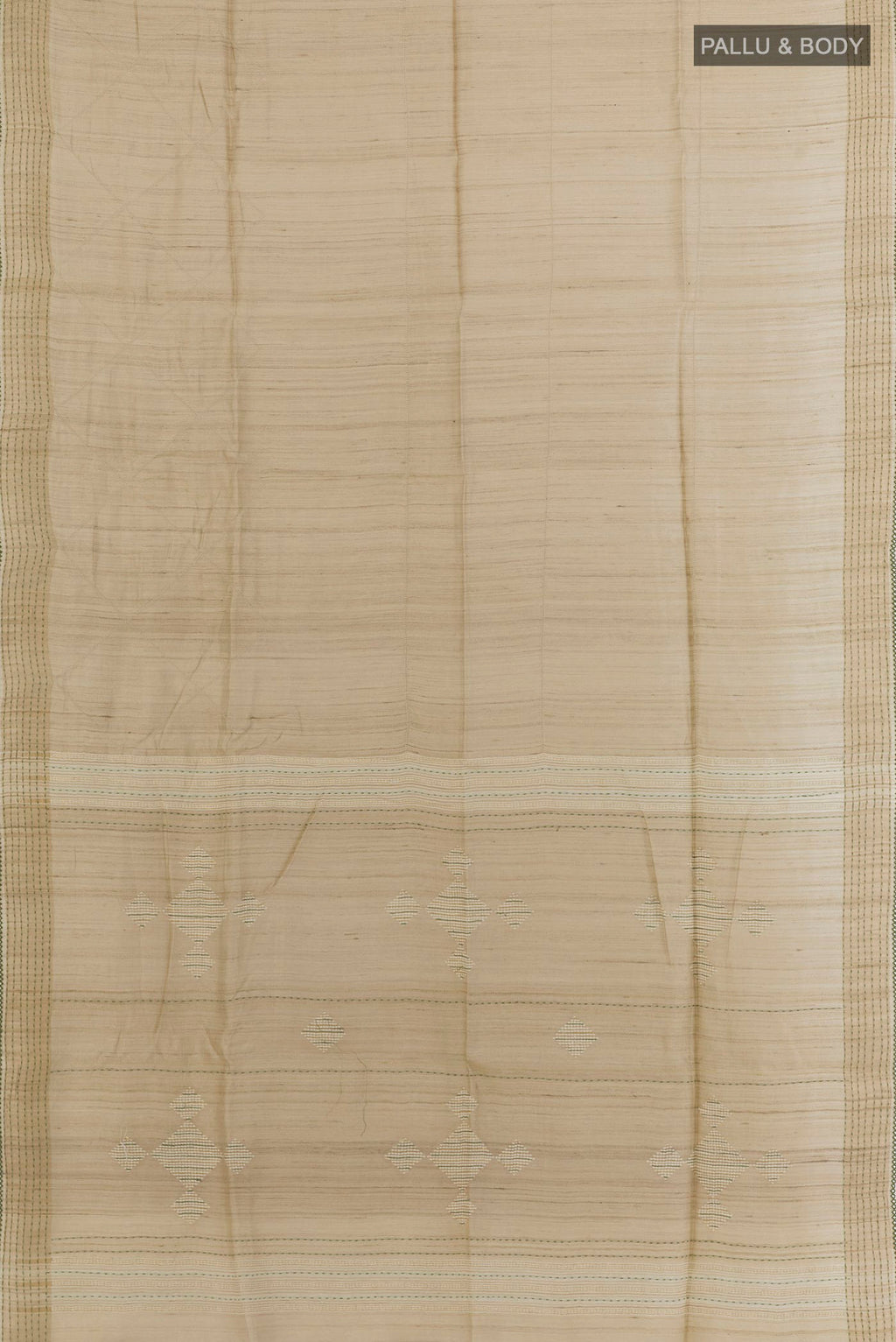 Flat view of Beige Tussar Silk Saree with Embroidery on the body and Embroidery Border. 