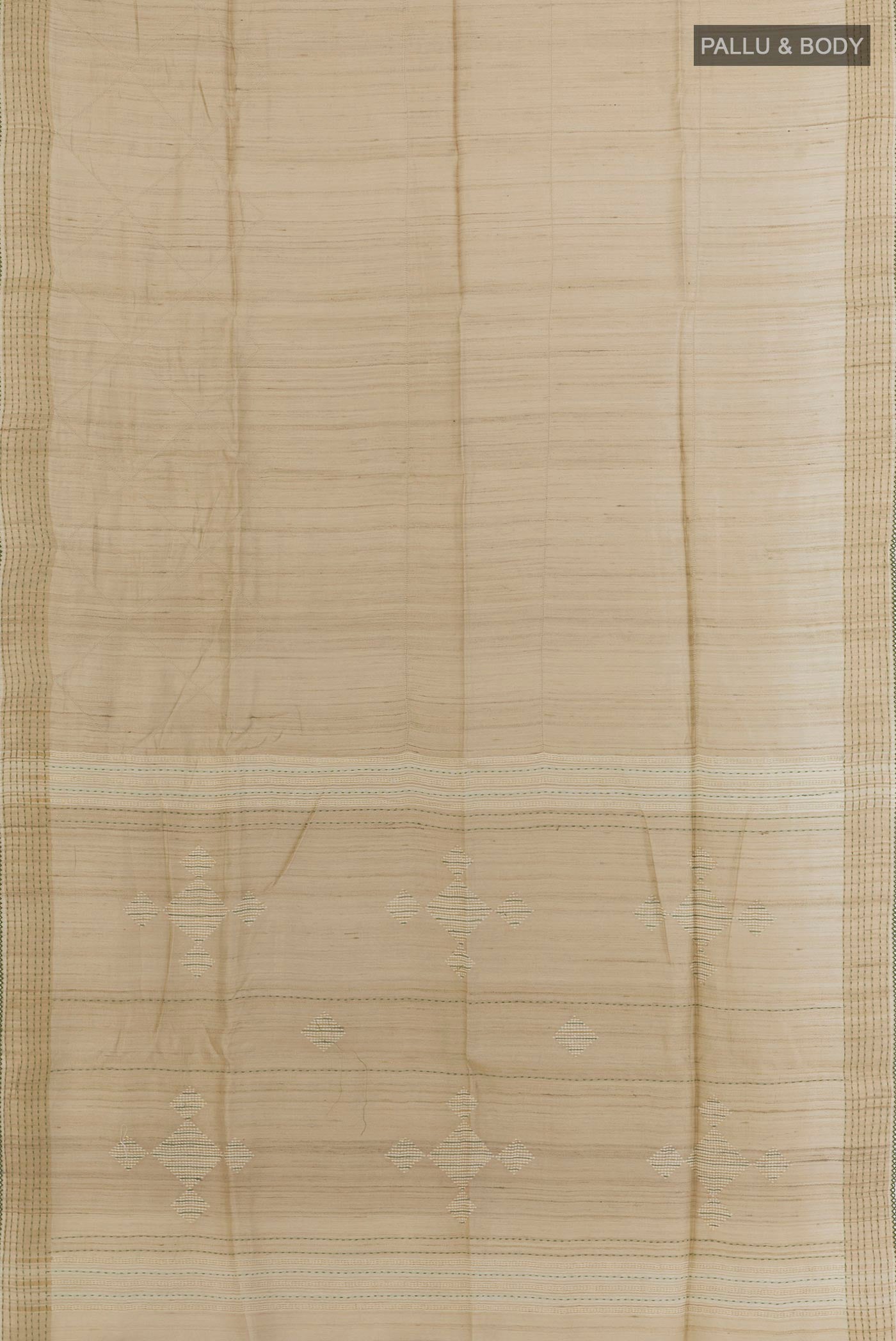 Flat view of Beige Tussar Silk Saree with Embroidery on the body and Embroidery Border. 