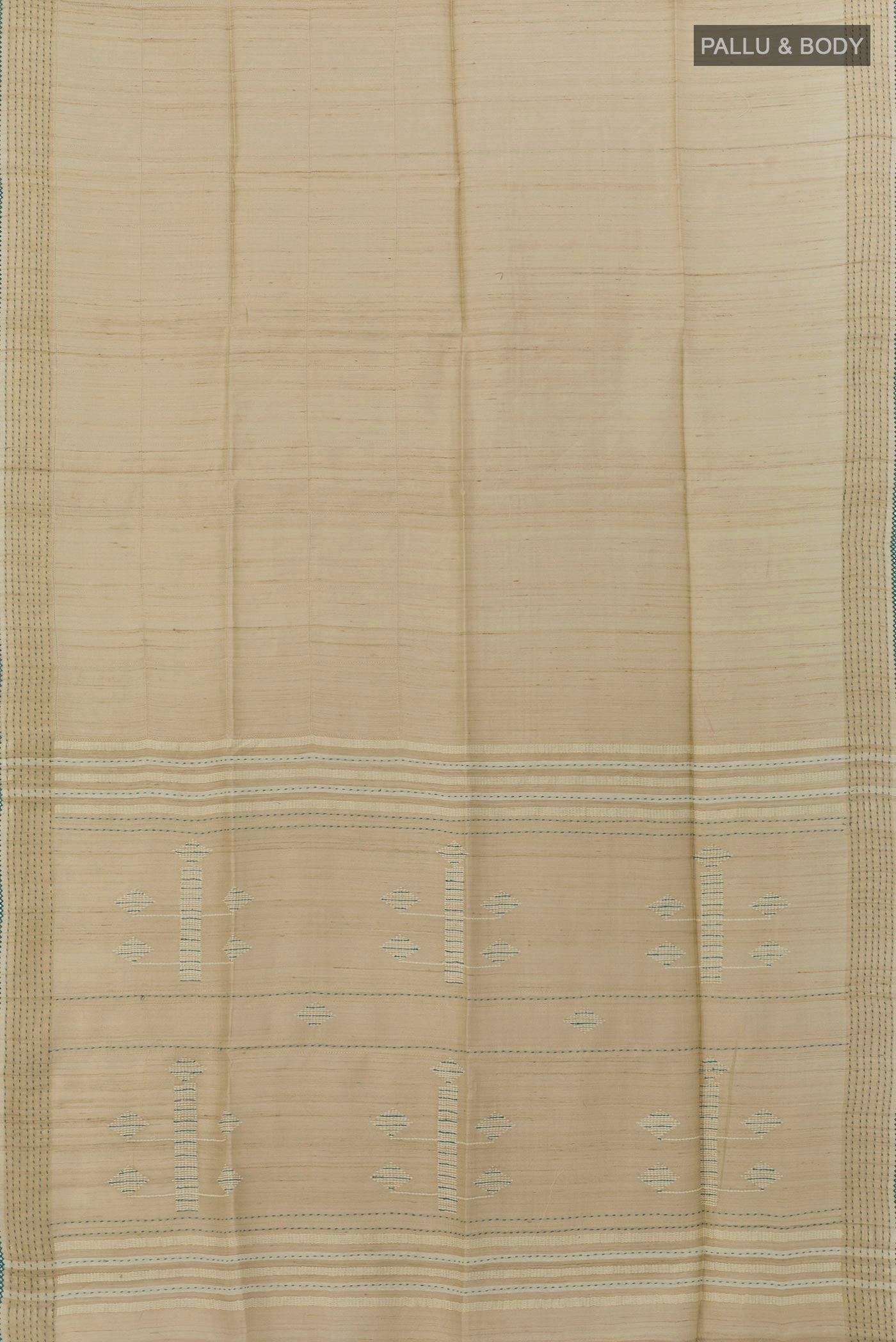 Flat view of Beige Tussar Silk Saree with Embroidery on the body and Embroidery Border. 