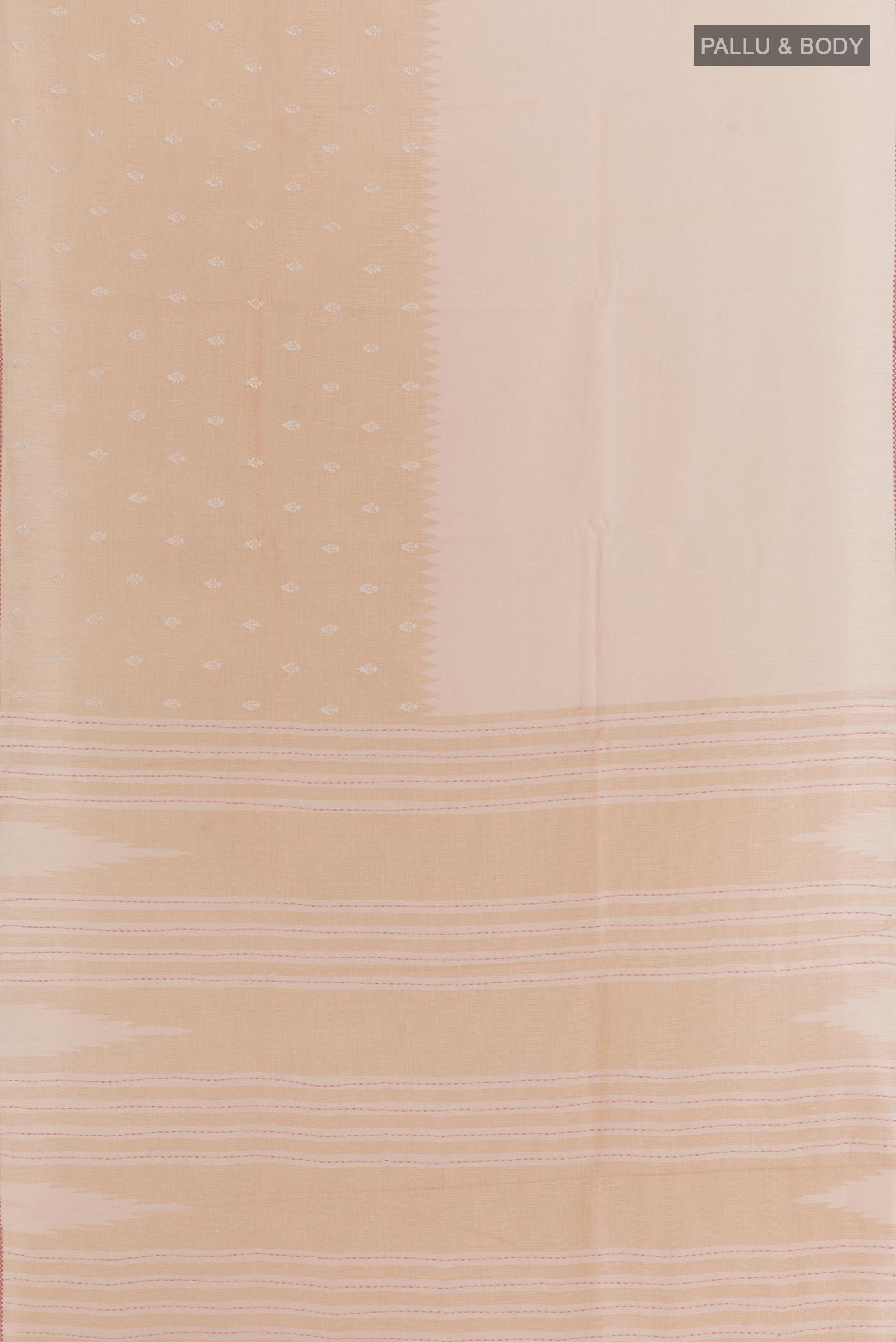 Flat view of Beige Tussar Silk Saree with Half And Half on the body and Embroidery Border. 