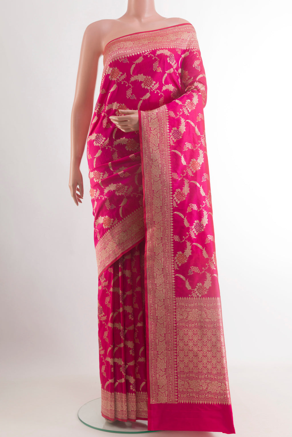 Pink Banarasi Silk Saree with Zari Brocade on the body and Zari Border.  displayed on a mannequin