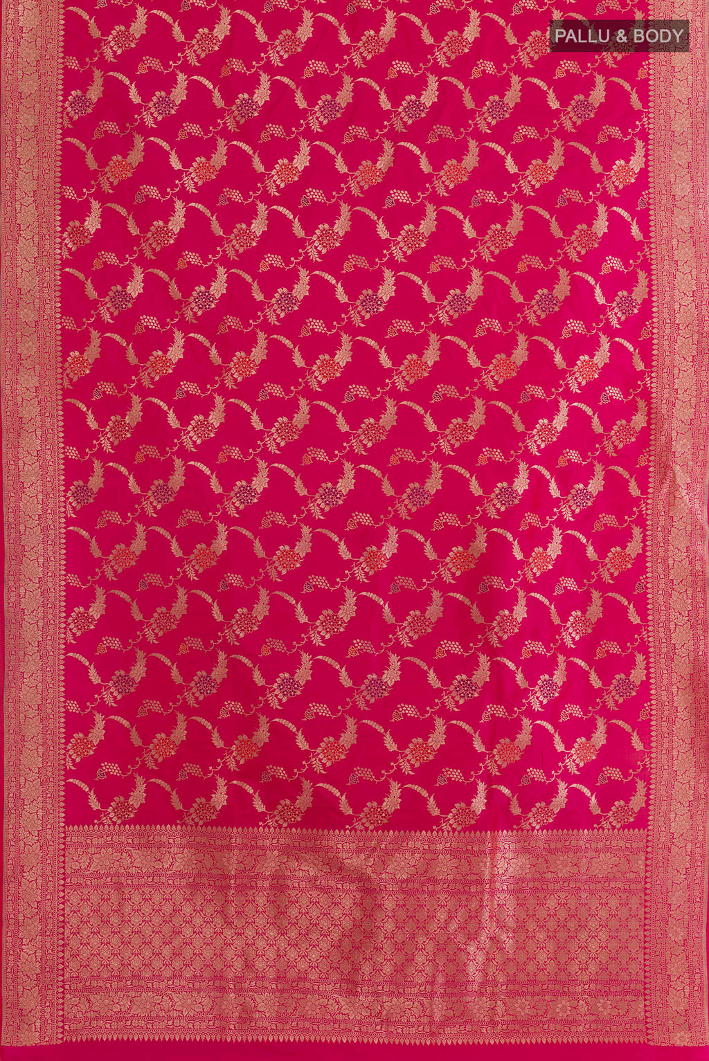 Flat view of Pink Banarasi Silk Saree with Zari Brocade on the body and Zari Border. 