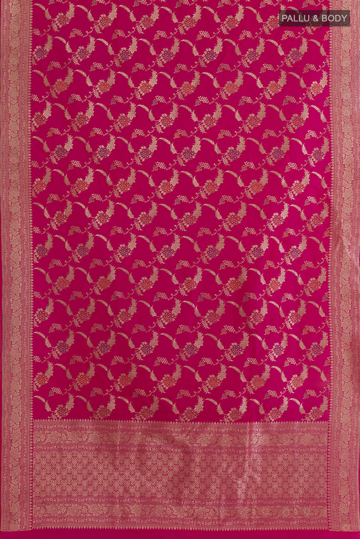 Flat view of Pink Banarasi Silk Saree with Zari Brocade on the body and Zari Border. 