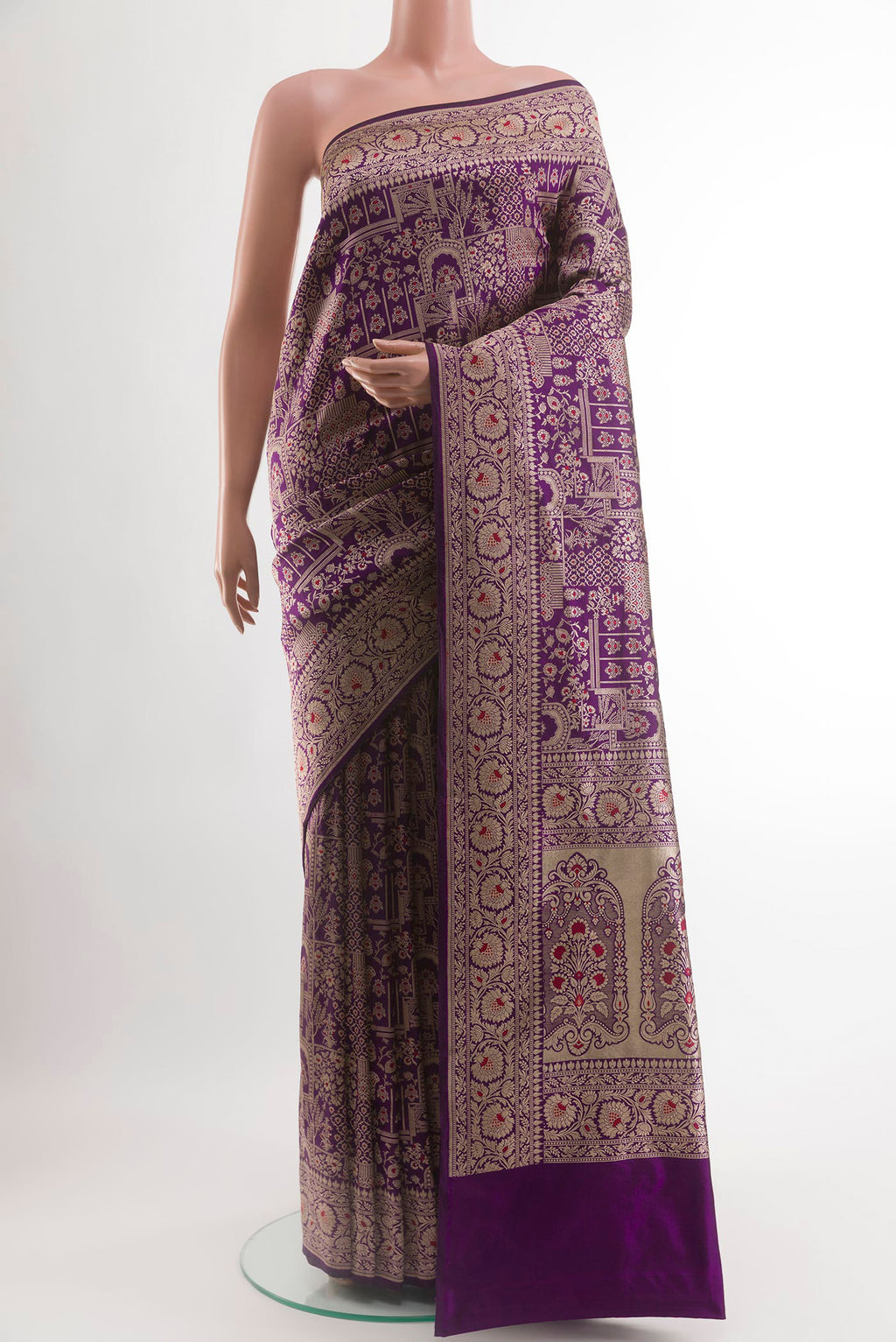 Purple Banarasi Silk Saree with Zari Brocade on the body and Zari Border.  displayed on a mannequin