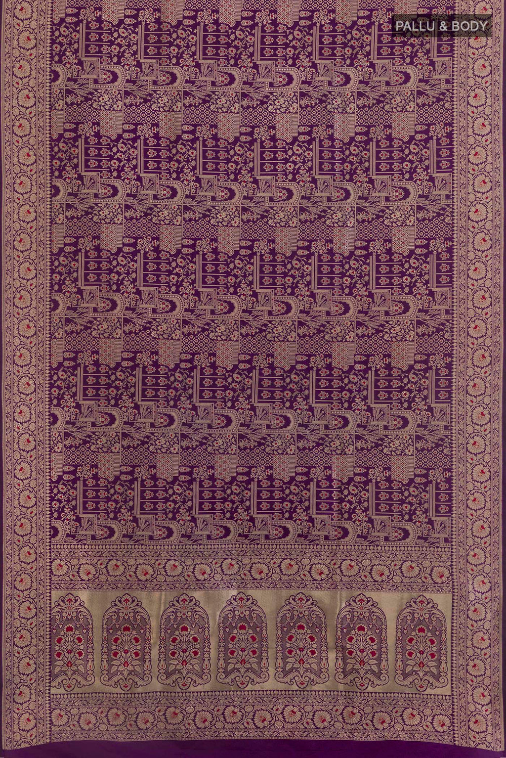 Flat view of Purple Banarasi Silk Saree with Zari Brocade on the body and Zari Border. 