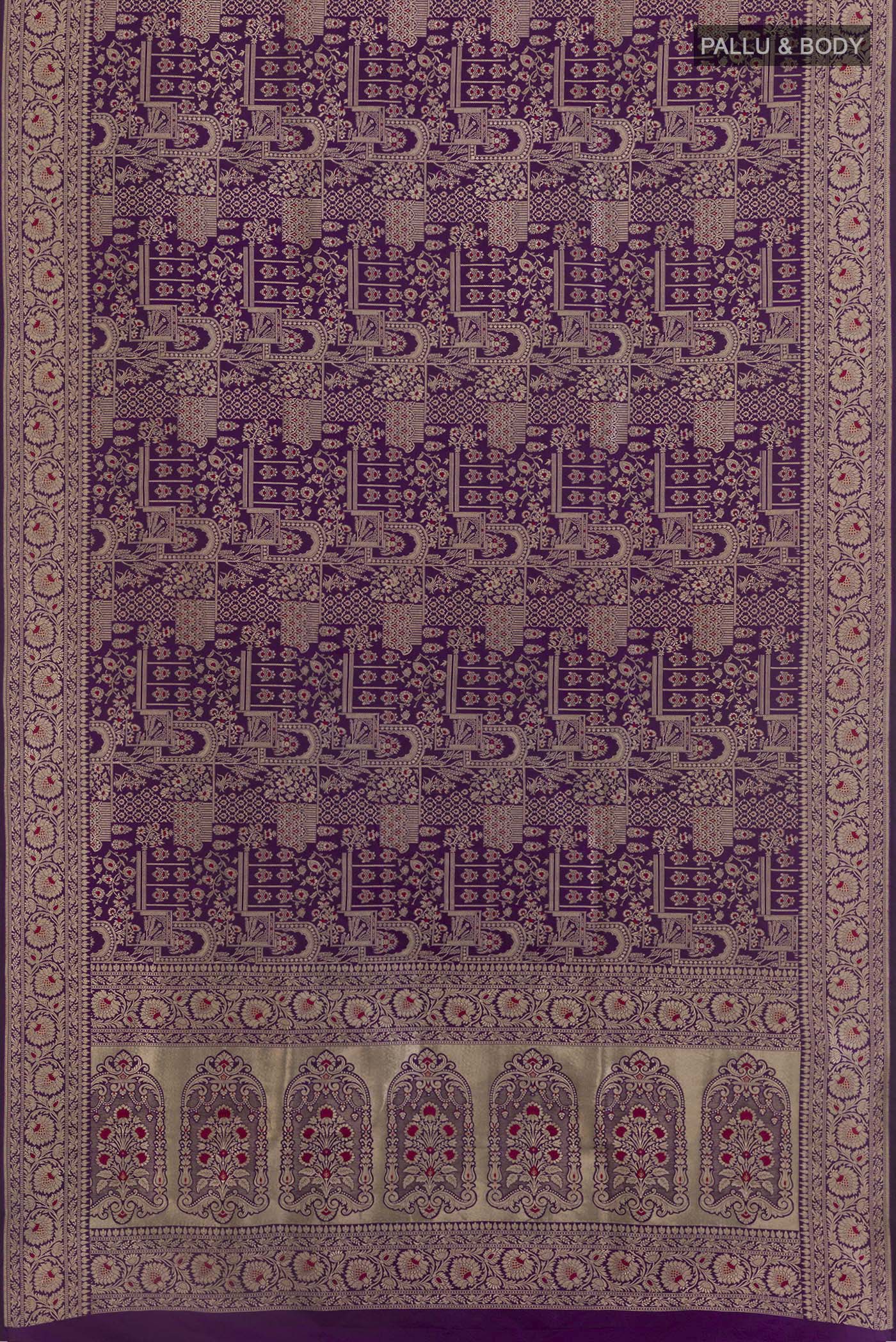 Flat view of Purple Banarasi Silk Saree with Zari Brocade on the body and Zari Border. 