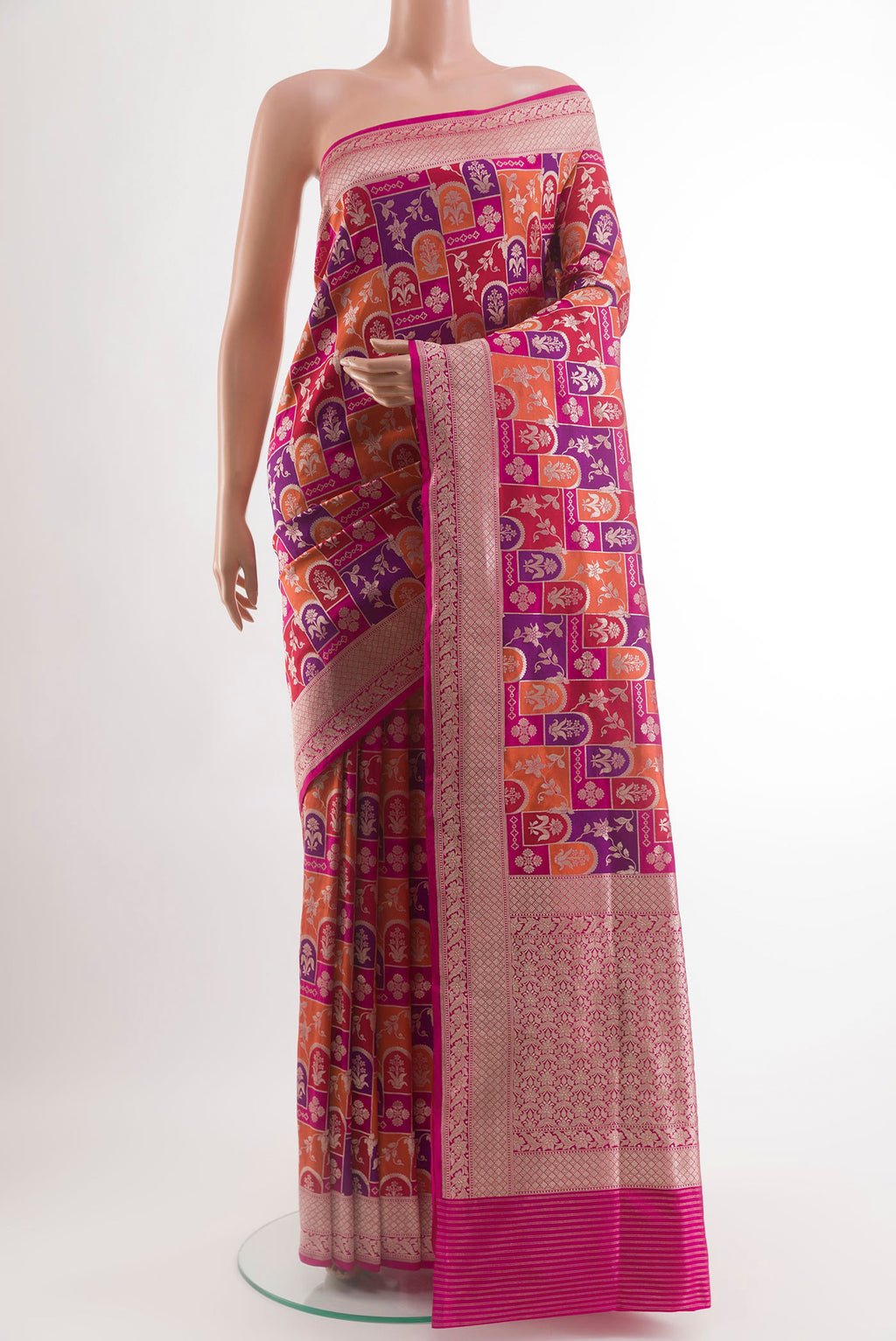 Multi Color Banarasi Silk Saree with Zari Brocade on the body and Zari Border.  displayed on a mannequin