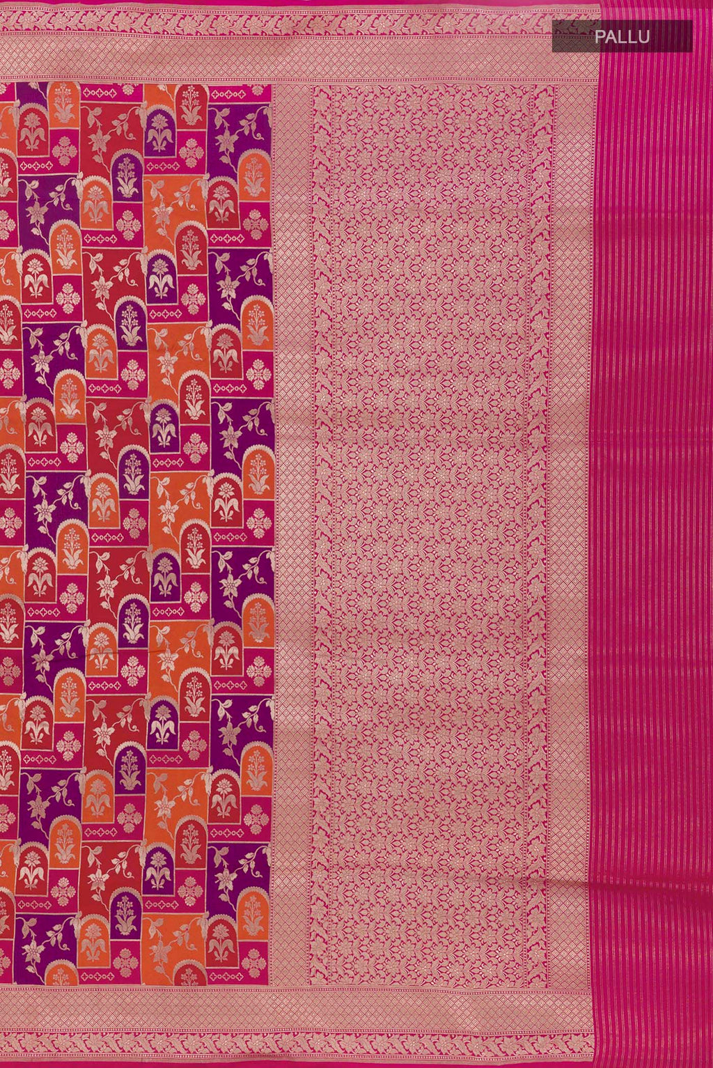 Close up image of the pallu of Multi Color Banarasi Silk Saree with Zari Brocade on the body and Zari Border. 