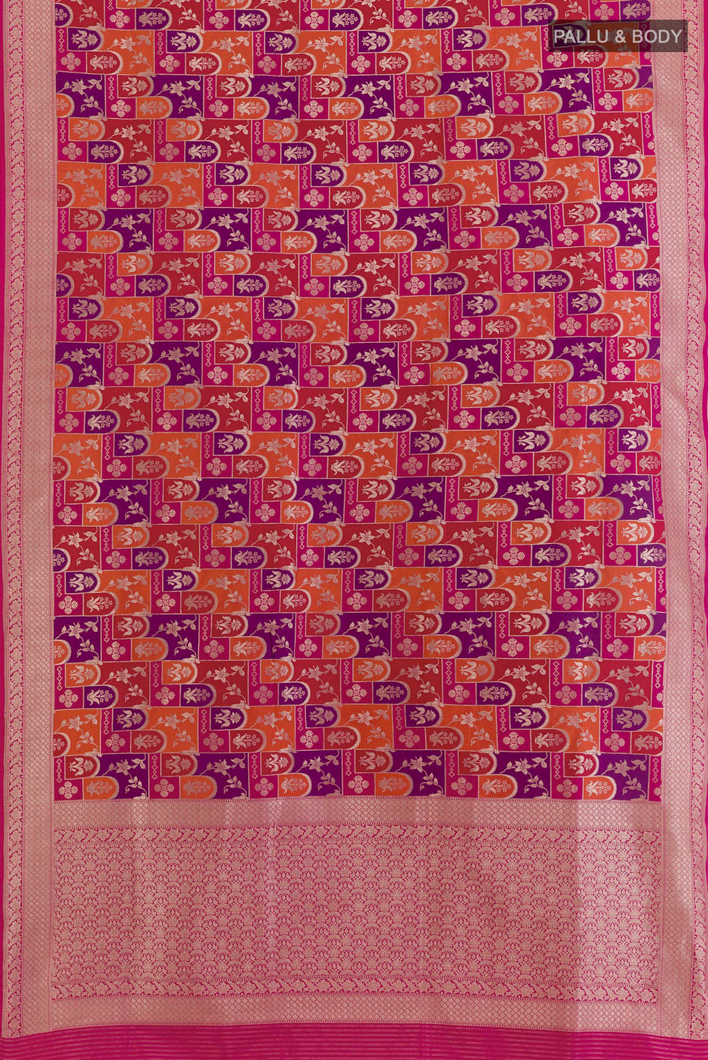 Flat view of Multi Color Banarasi Silk Saree with Zari Brocade on the body and Zari Border. 