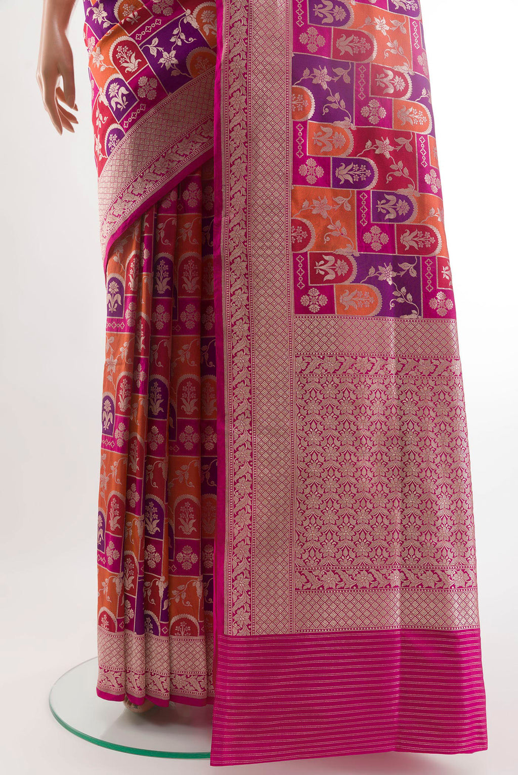 Pleats and pallu of Multi Color Banarasi Silk Saree with Zari Brocade on the body and Zari Border. 