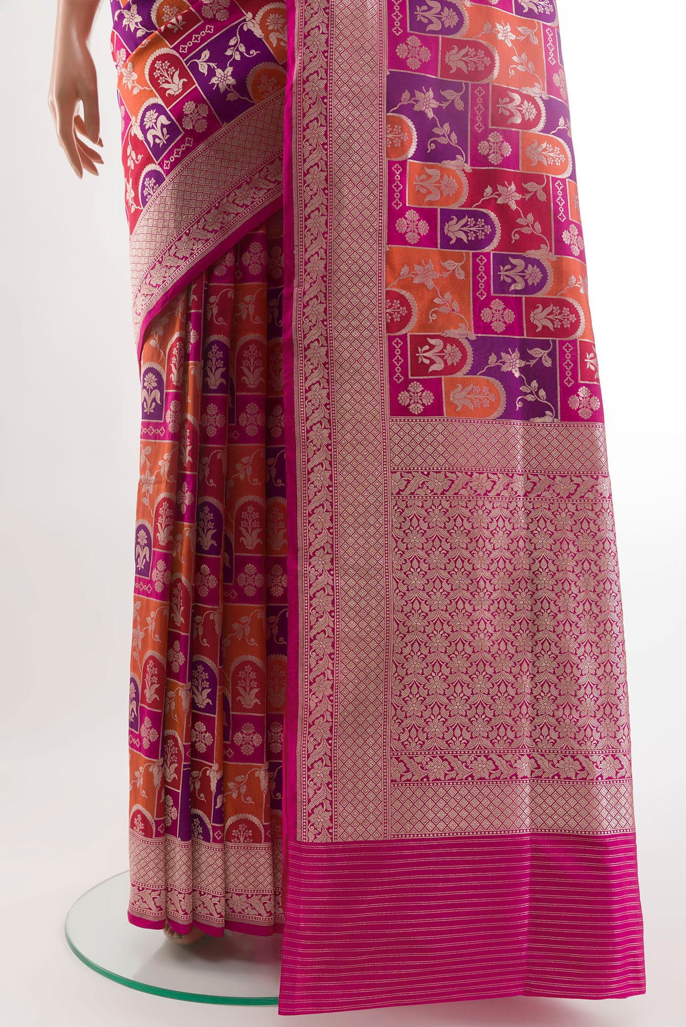 Pleats and pallu of Multi Color Banarasi Silk Saree with Zari Brocade on the body and Zari Border. 