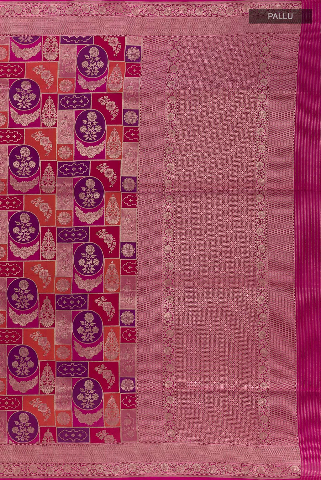 Close up image of the pallu of Pure Silk Multi Color Banarasi Saree with Zari Brocade on the body and Zari Border. 