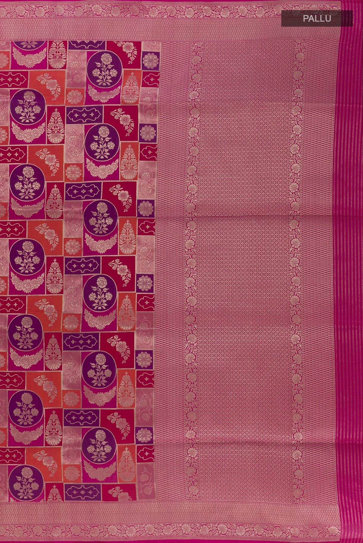 Close up image of the pallu of Pure Silk Multi Color Banarasi Saree with Zari Brocade on the body and Zari Border. 