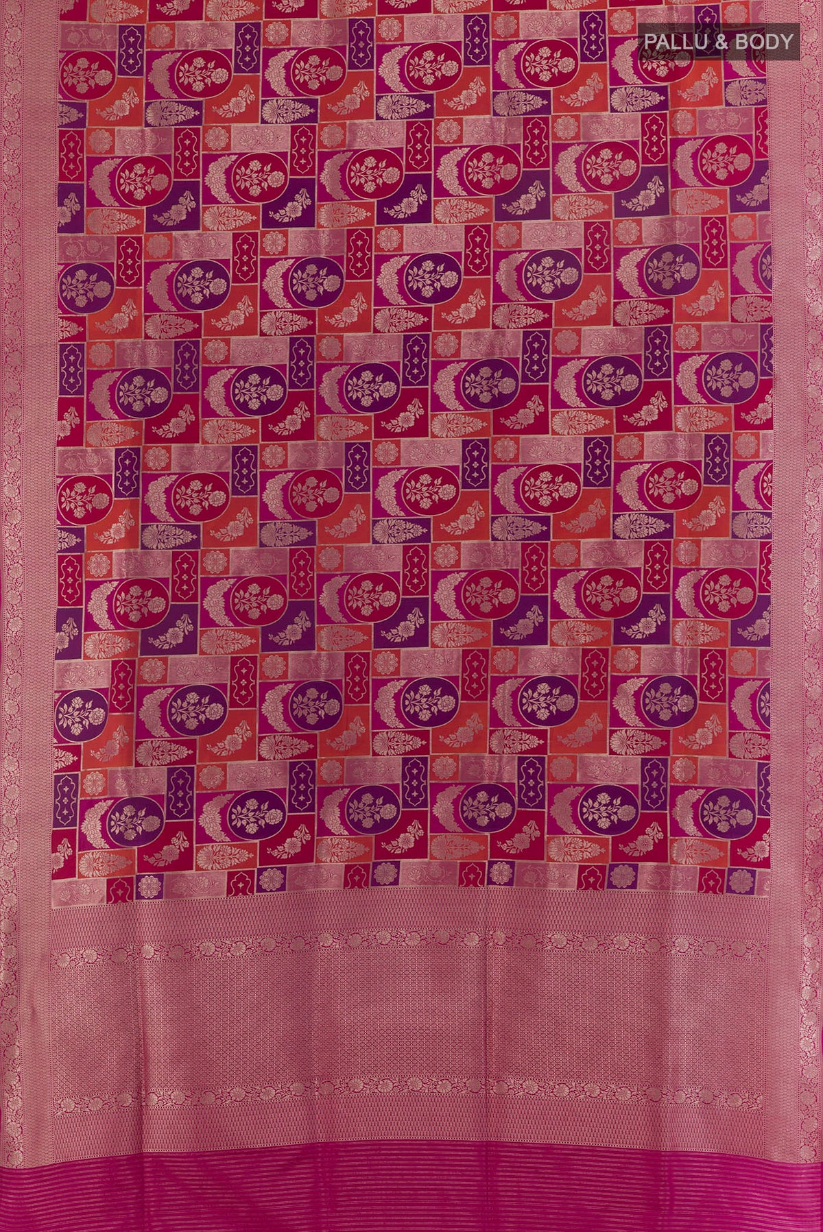Flat view of Pure Silk Multi Color Banarasi Saree with Zari Brocade on the body and Zari Border. 
