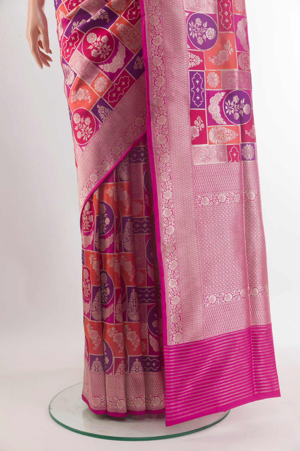 Pleats and pallu of Pure Silk Multi Color Banarasi Saree with Zari Brocade on the body and Zari Border. 