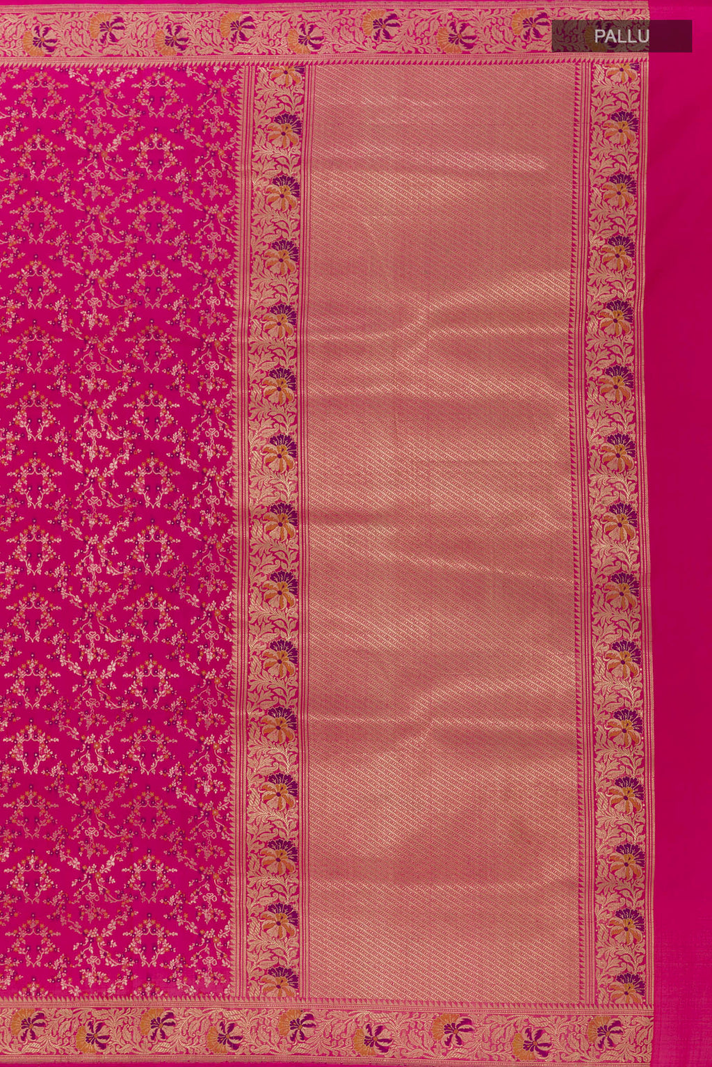 Close up image of the pallu of Rani Pink Banarasi Silk Saree with Zari Brocade on the body and Zari Border. 