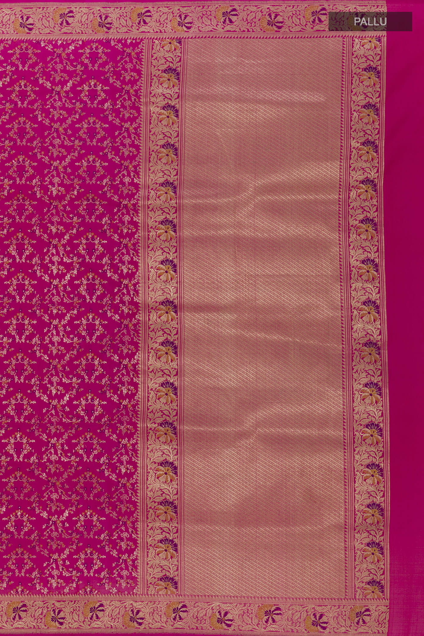 Close up image of the pallu of Rani Pink Banarasi Silk Saree with Zari Brocade on the body and Zari Border. 