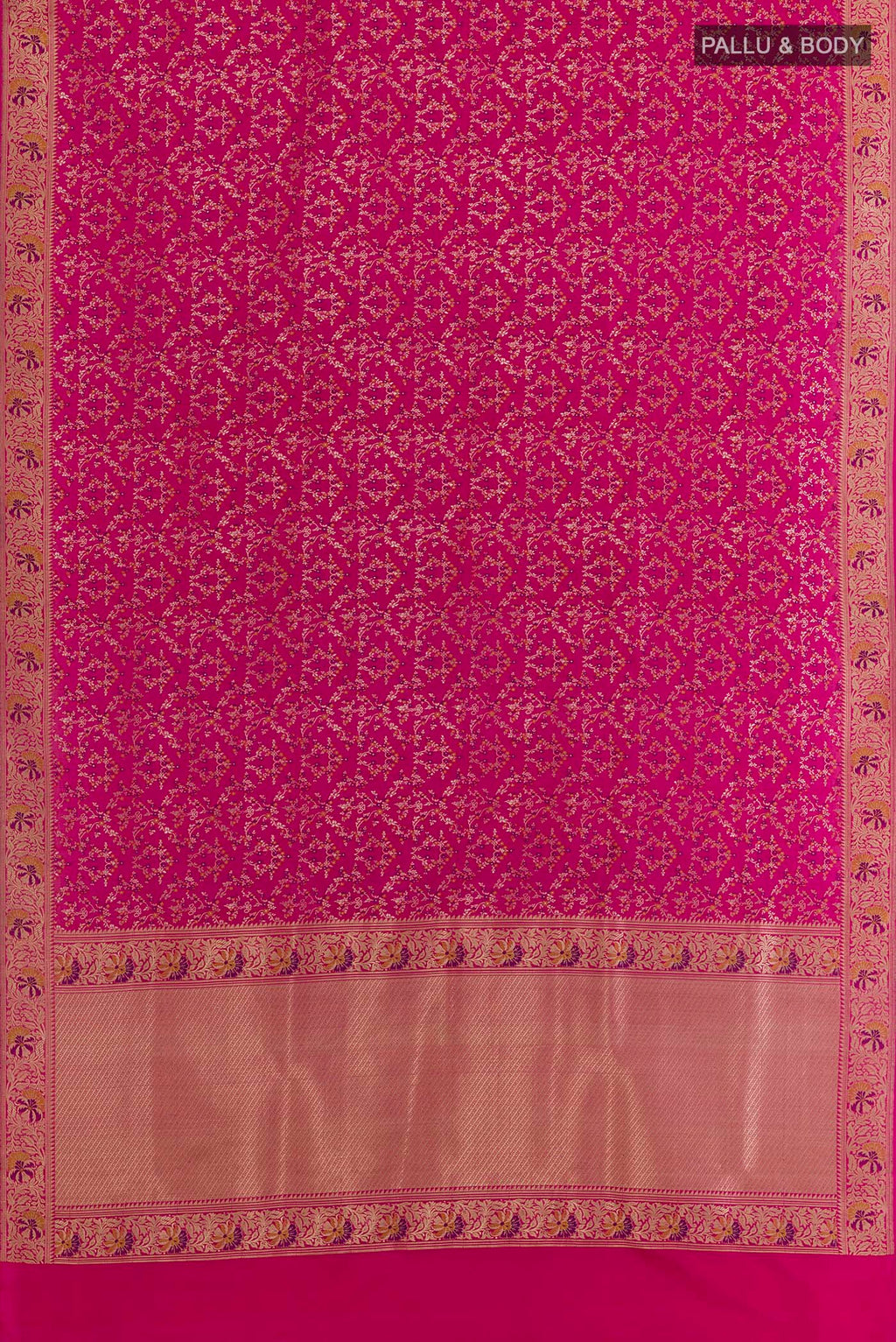 Flat view of Rani Pink Banarasi Silk Saree with Zari Brocade on the body and Zari Border. 