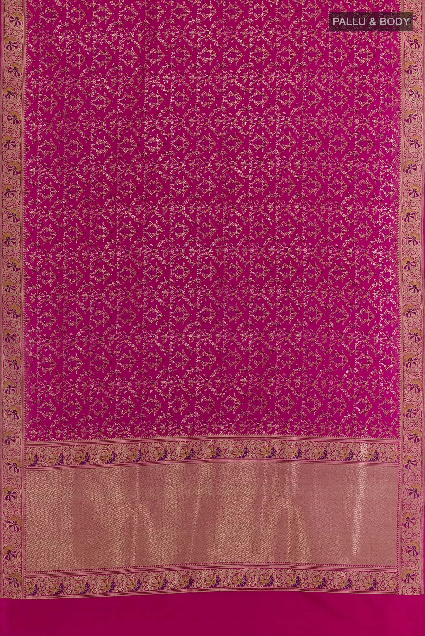 Flat view of Rani Pink Banarasi Silk Saree with Zari Brocade on the body and Zari Border. 