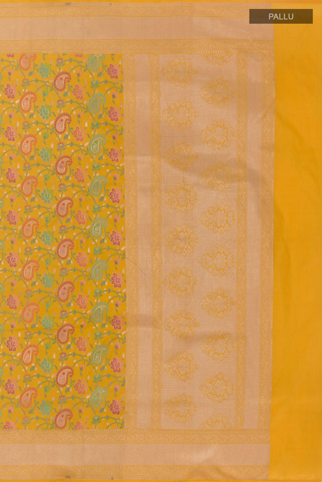 Close up image of the pallu of Yellow Banarasi Silk Saree with Zari And Thread Butta on the body and Zari Border. 