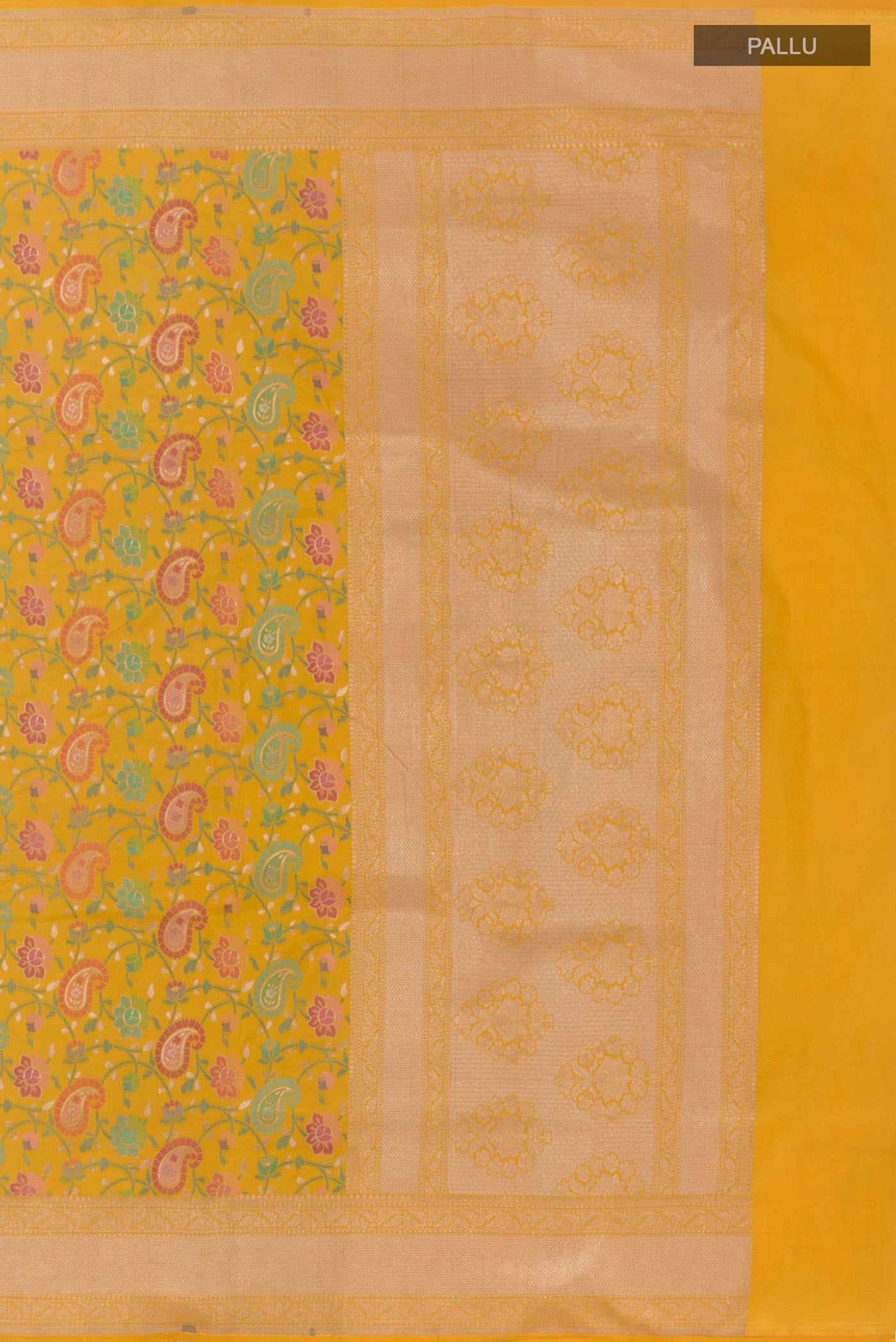 Close up image of the pallu of Yellow Banarasi Silk Saree with Zari And Thread Butta on the body and Zari Border. 