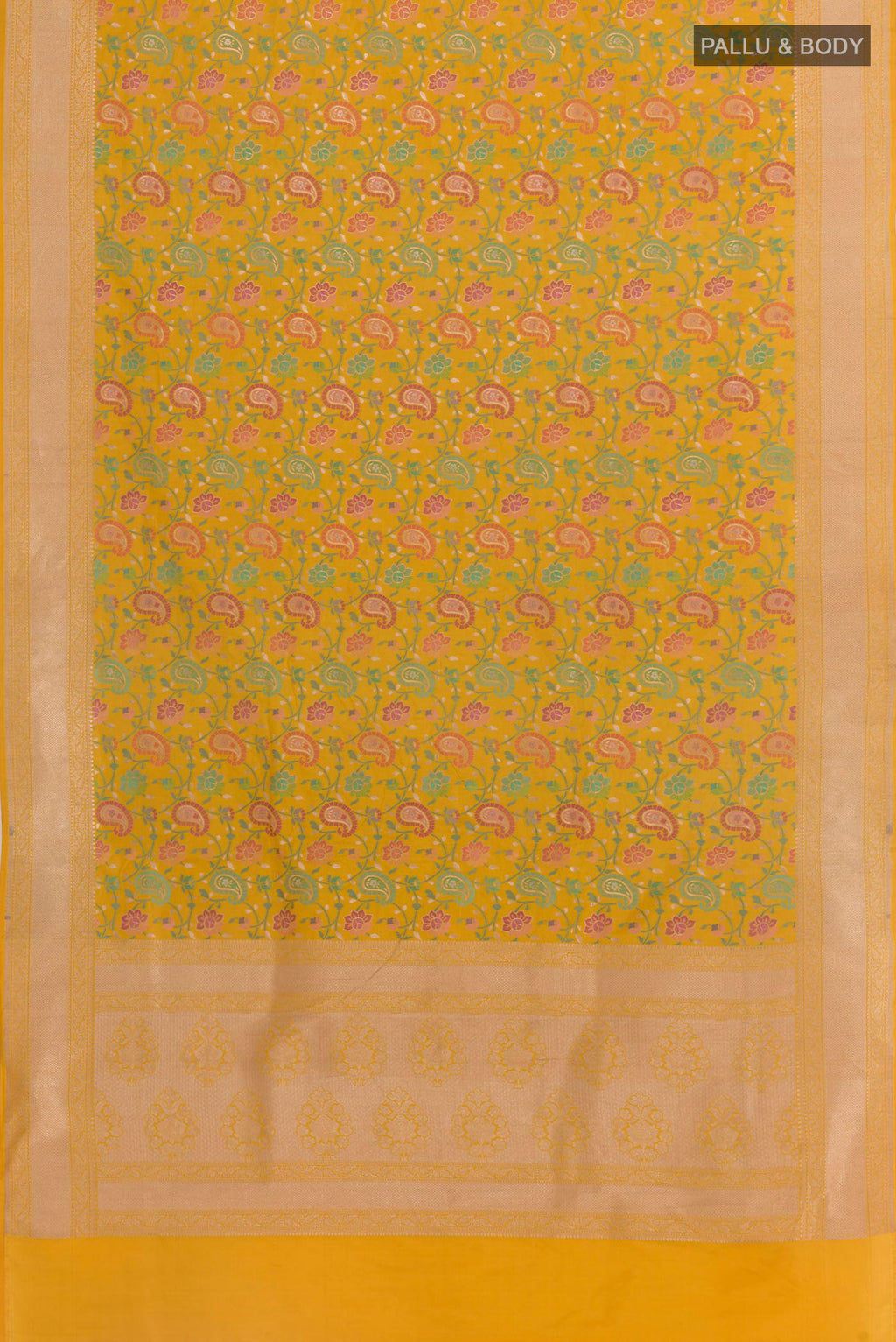 Flat view of Yellow Banarasi Silk Saree with Zari And Thread Butta on the body and Zari Border. 