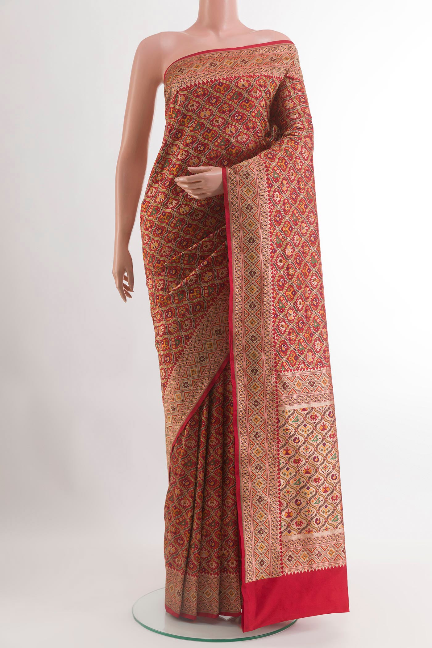 Red Banarasi Silk Saree with Jamdani on the body and Embroidery Border.  displayed on a mannequin
